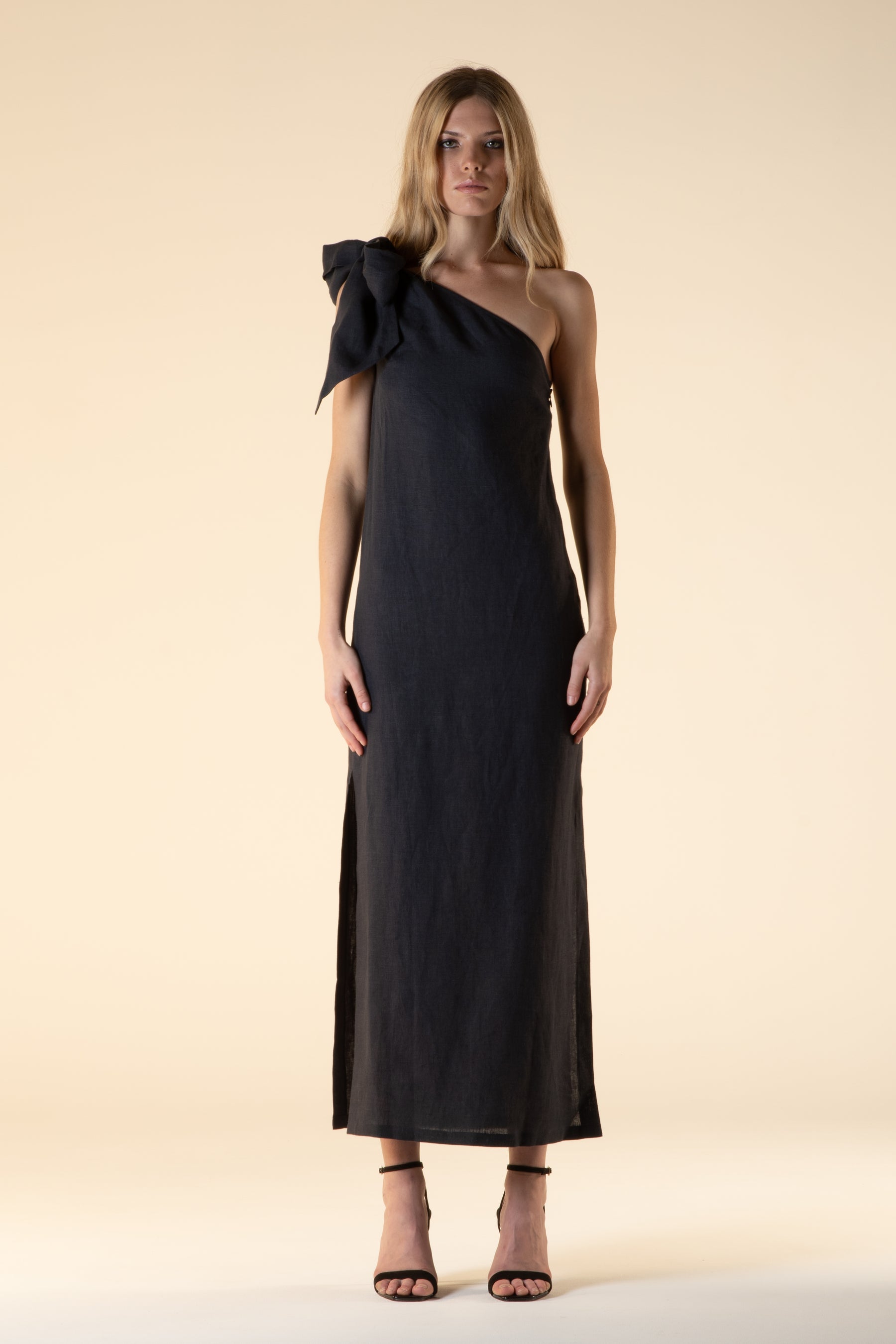Luxor Linen One Shoulder Bow Tie Dress Ink