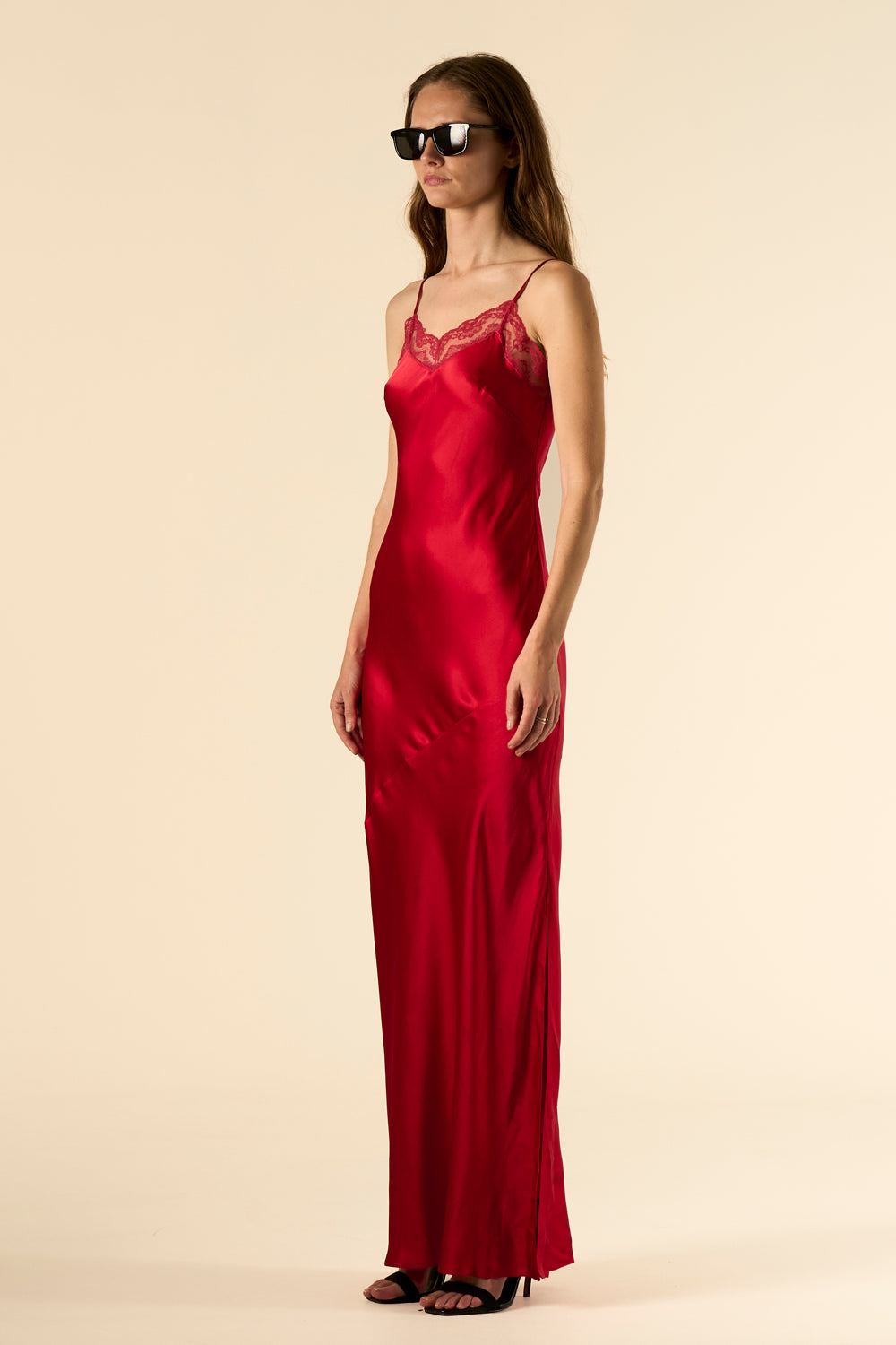 Lotus Bias Cut Silk Slip Dress Lace Edge Cherry