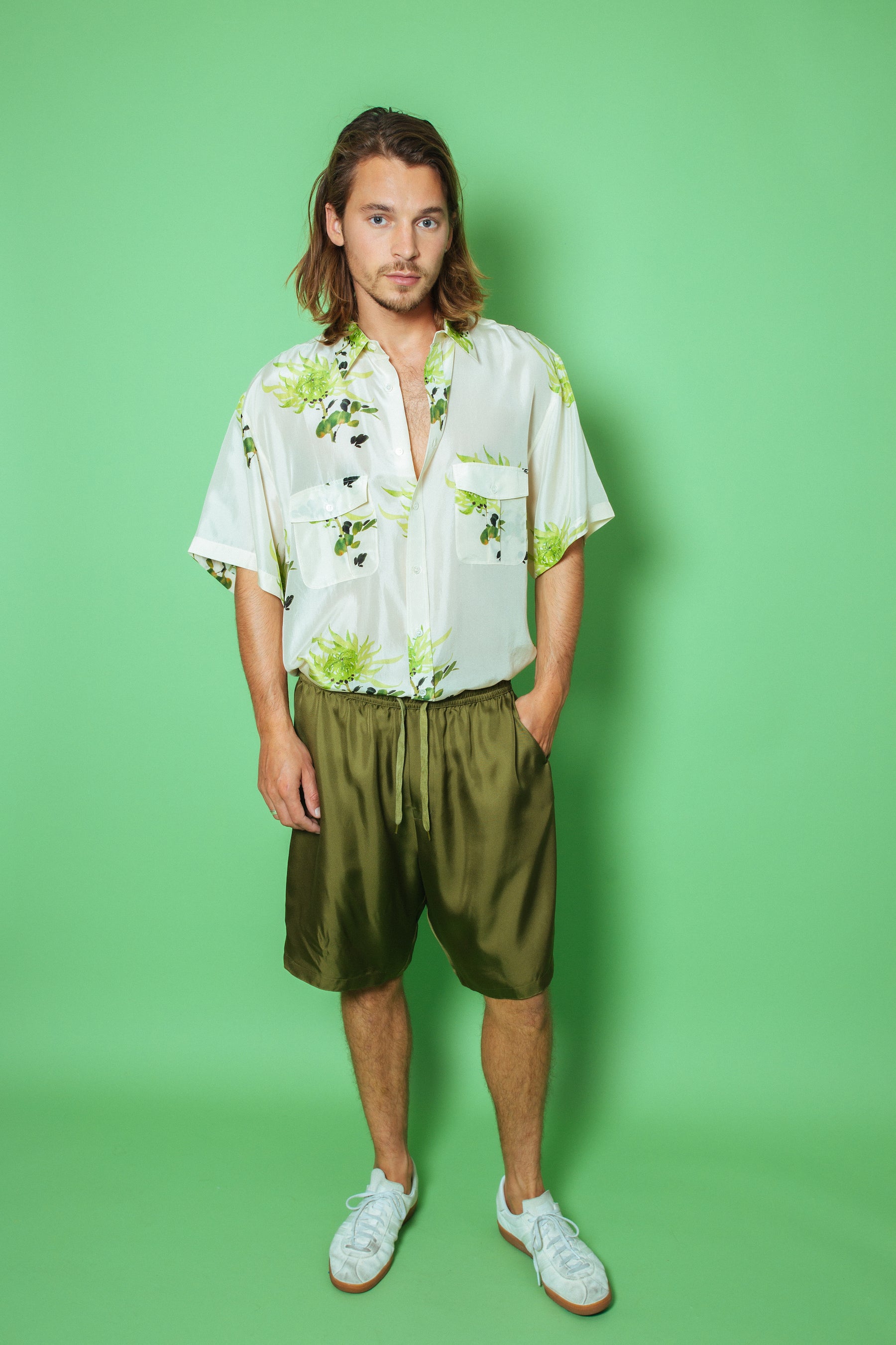 Safari Double Pocket Silk Shirt Green Chrysanthemum 