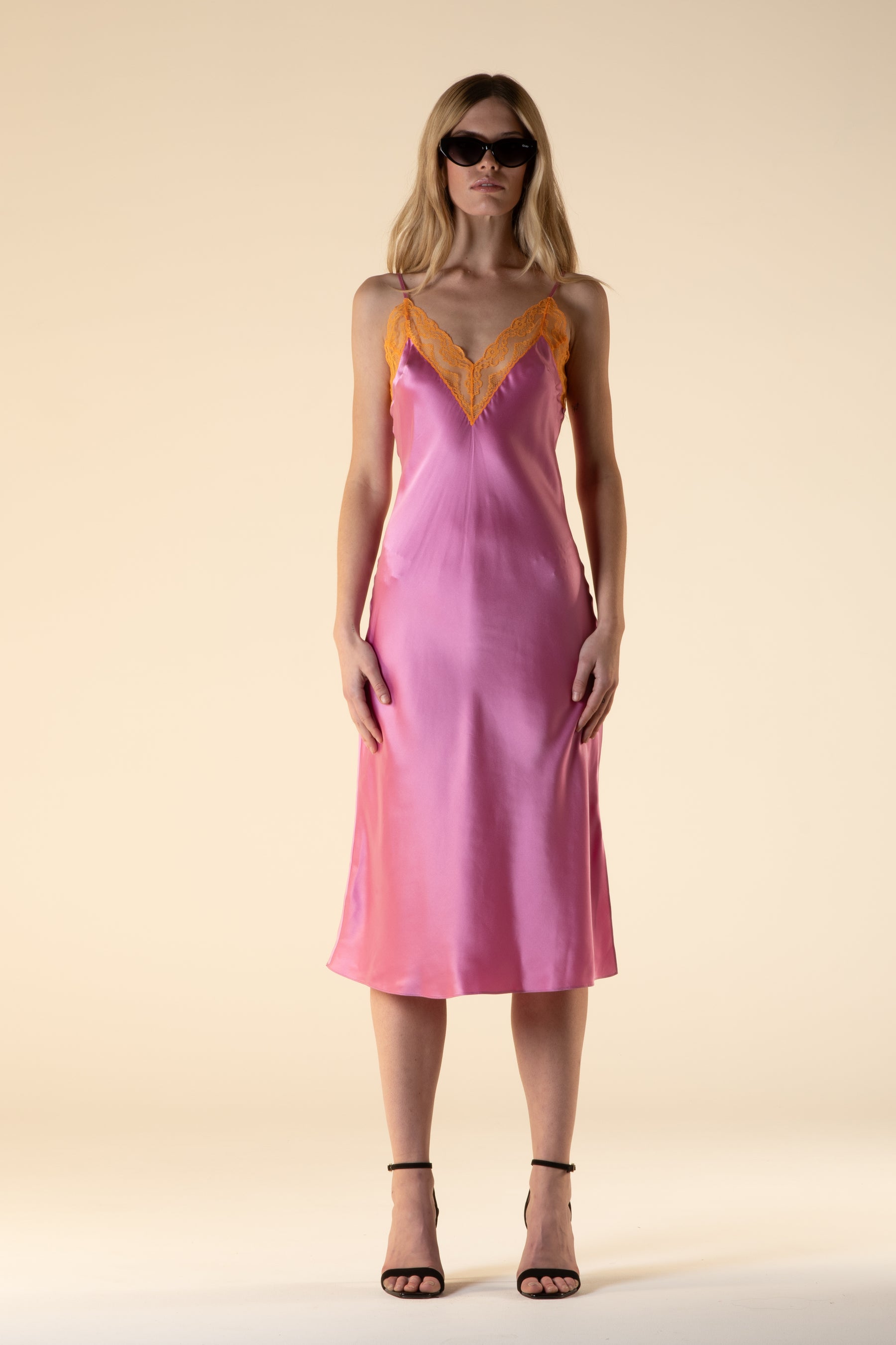 Lotus Bias Cut Silk Slip Dress Lace Edge Rose