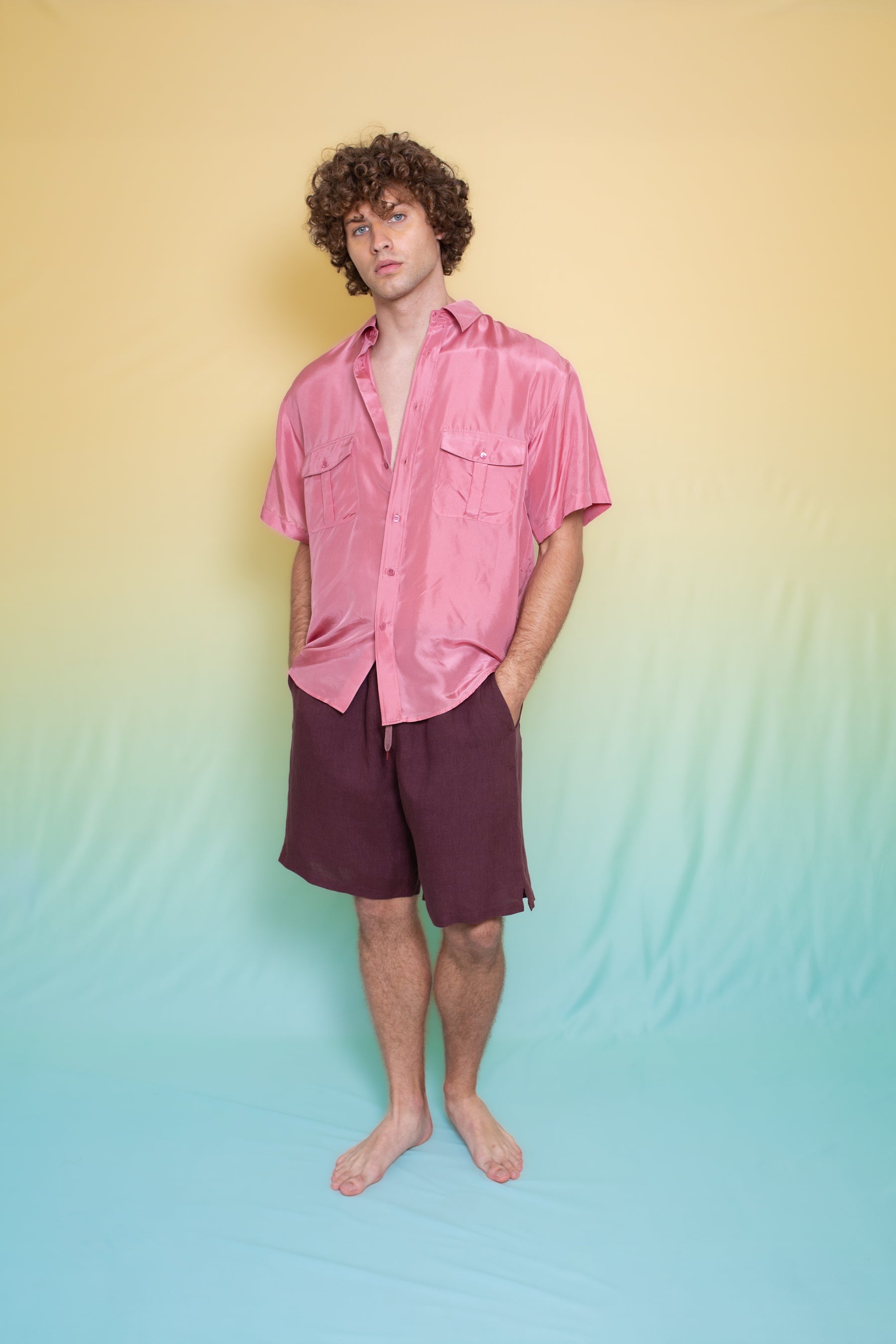 Safari Double Pocket Silk Shirt Peach 