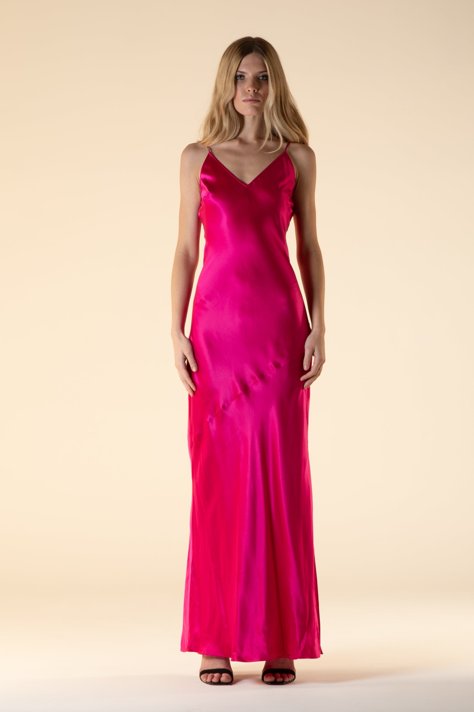 Lotus Bias Cut Silk Slip Dress Fuscia