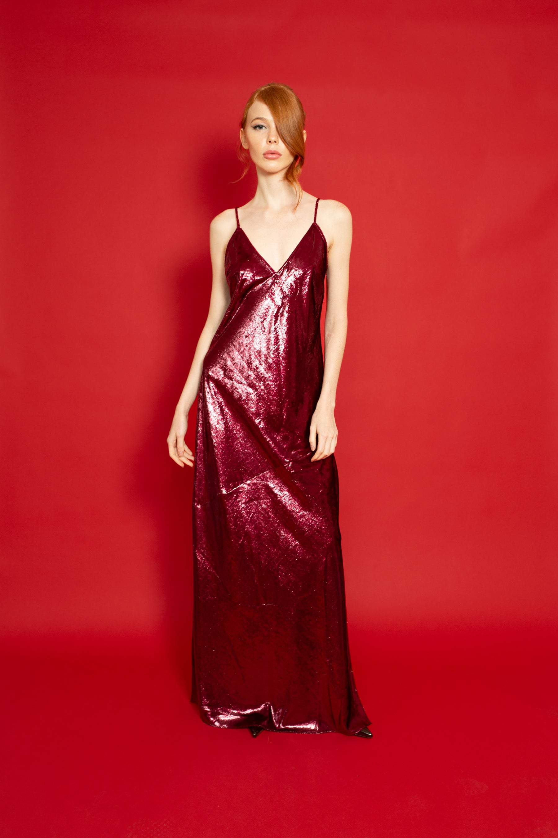 Lotus Bias Cut Metalic Velvet Slip Dress Raspberry