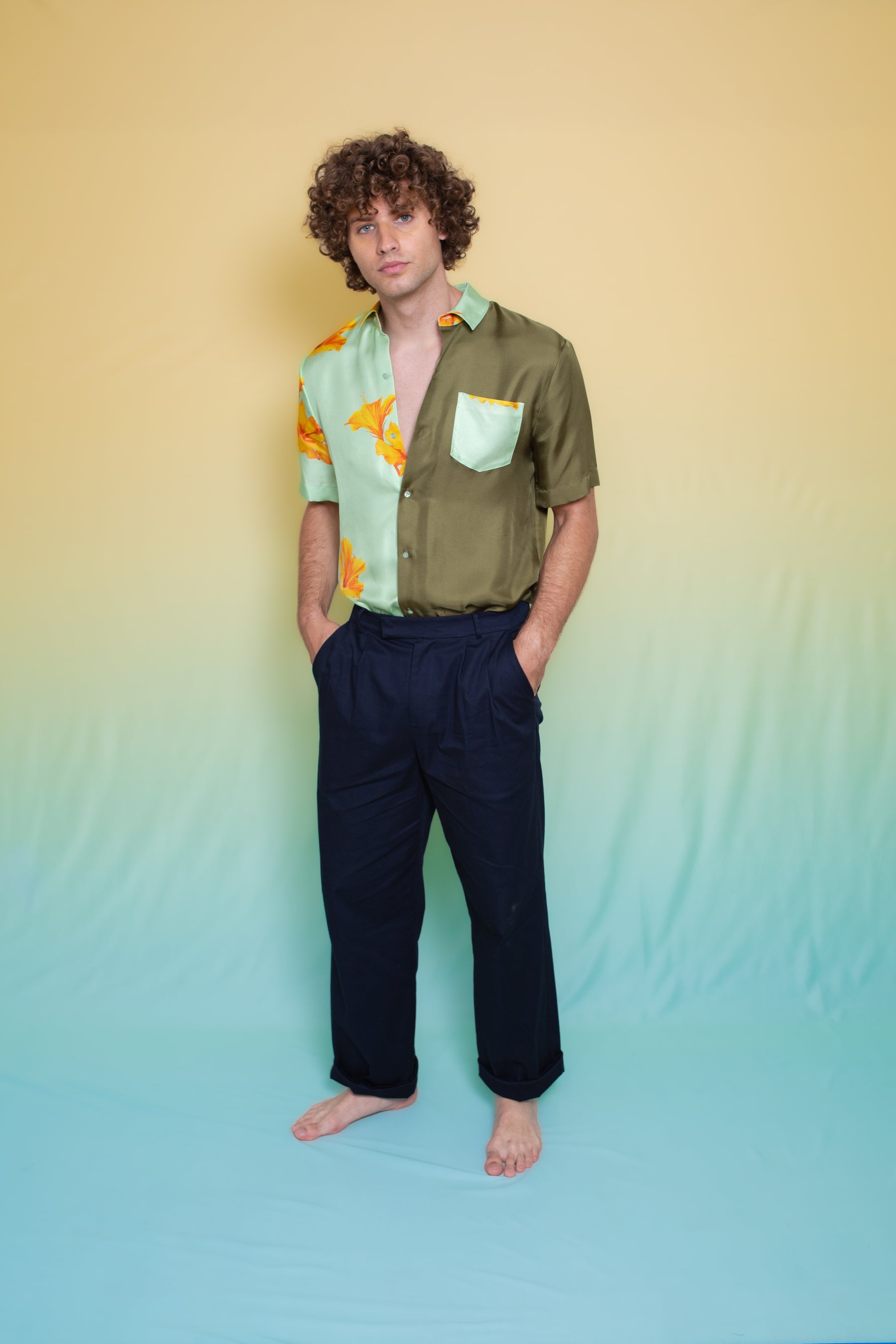 Half & Half Silk Shirt Pistachio Hawaii 