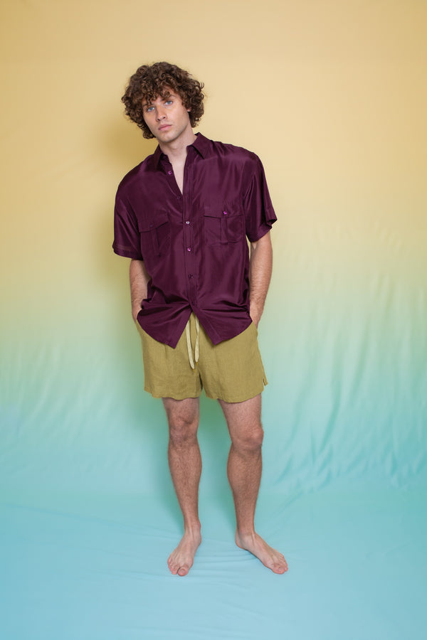 Safari Double Pocket Silk Shirt Burgundy 