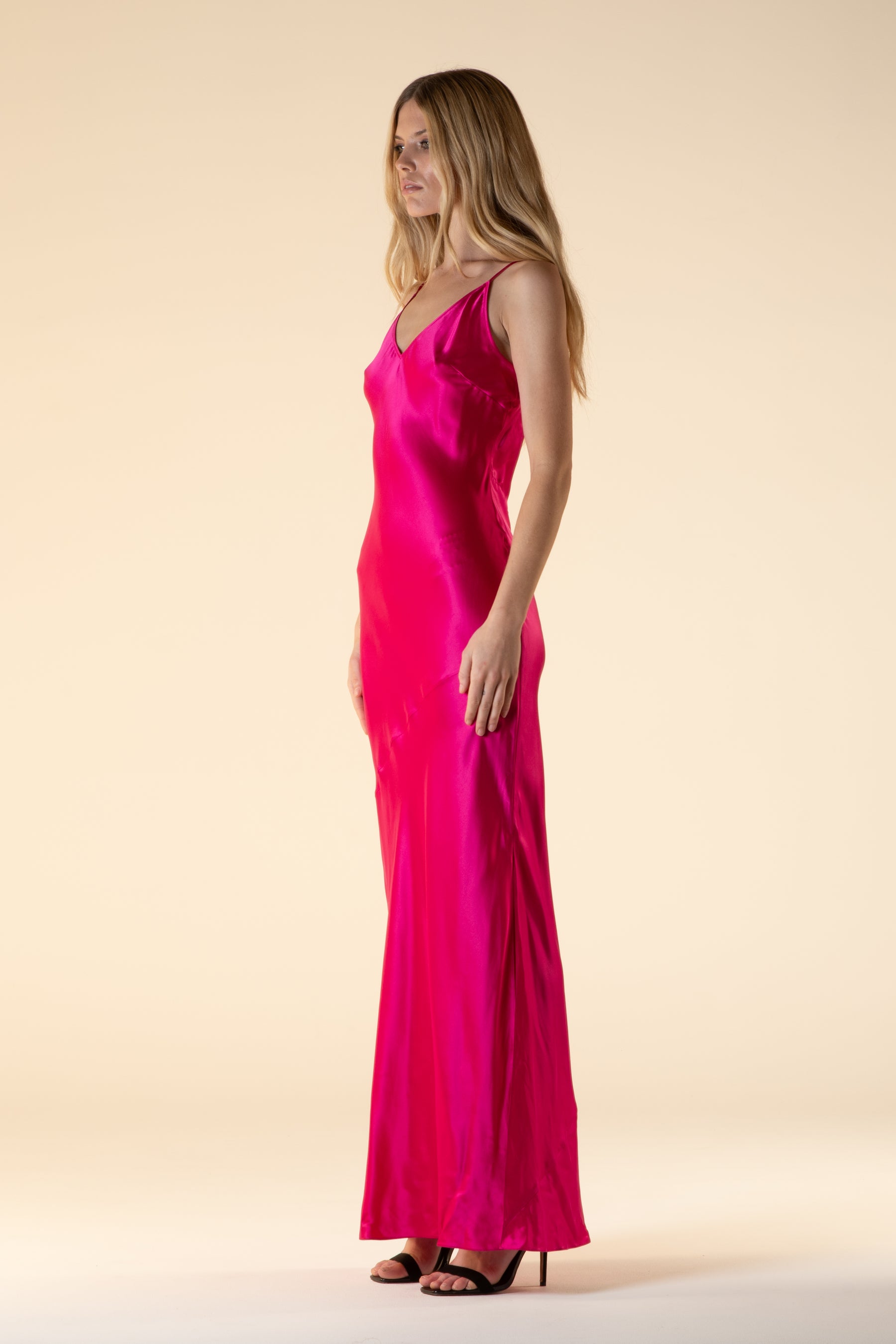 Lotus Bias Cut Silk Slip Dress Fuscia