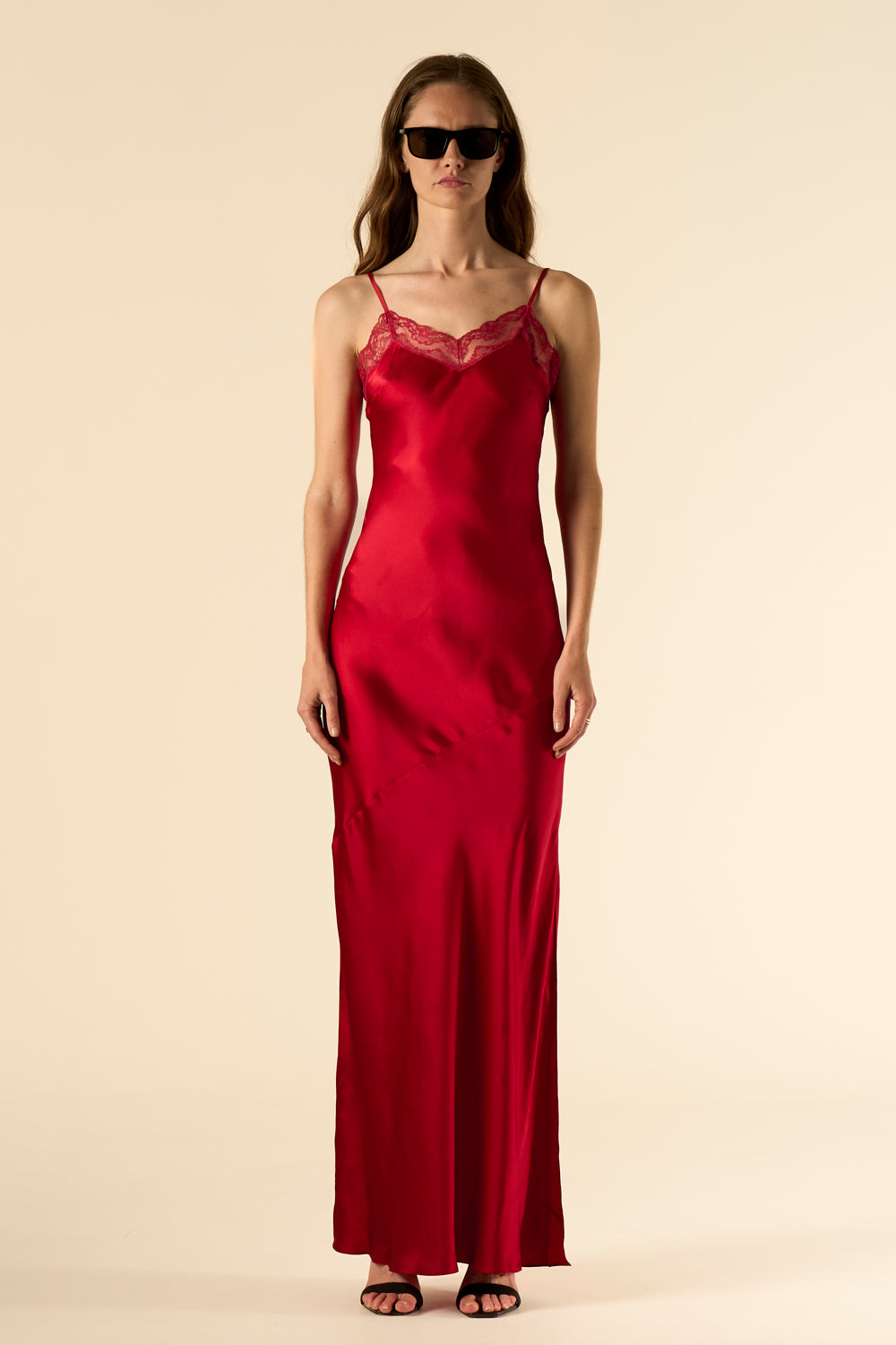 Lotus Bias Cut Silk Slip Dress Lace Edge Cherry