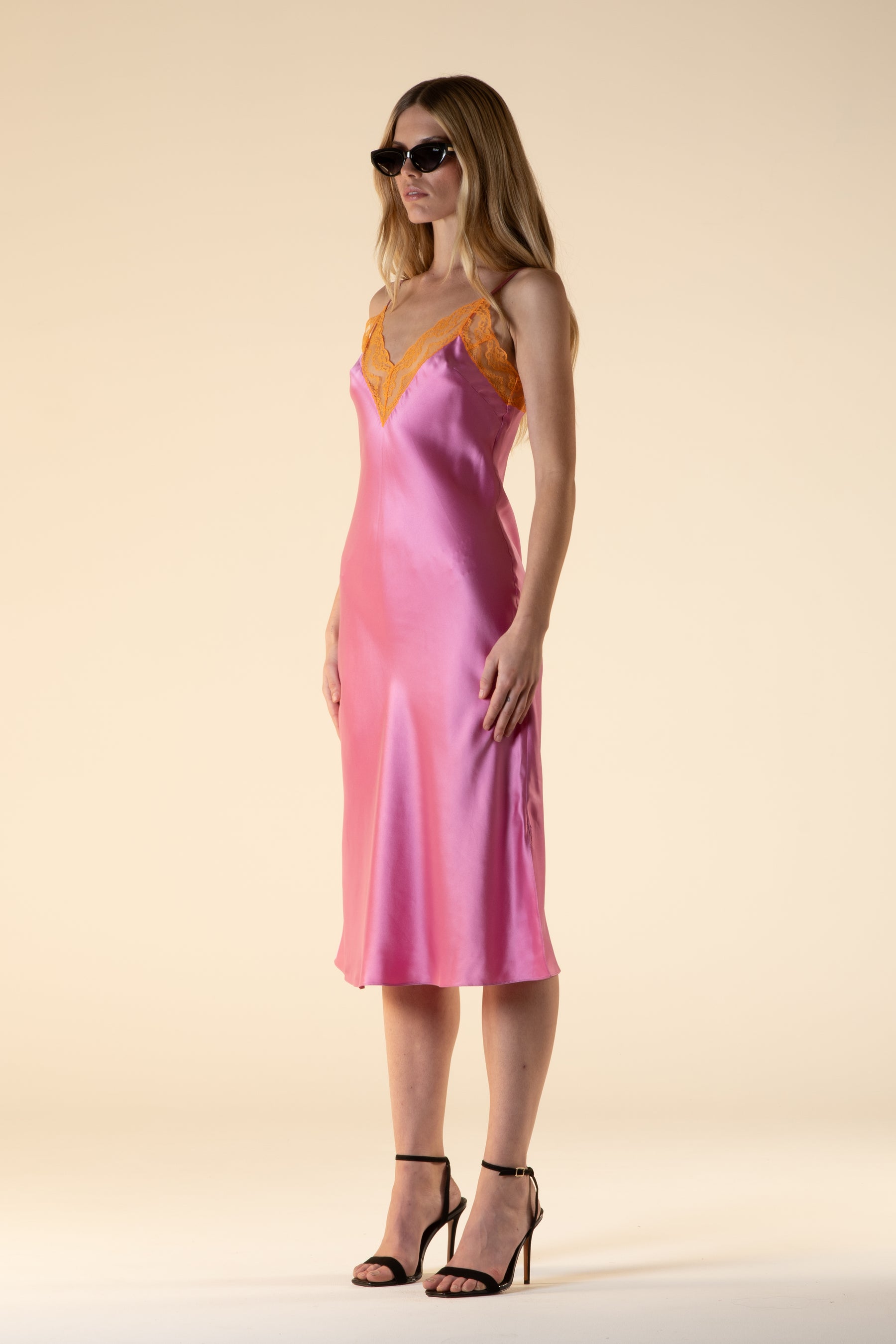 Lotus Bias Cut Silk Slip Dress Lace Edge Rose