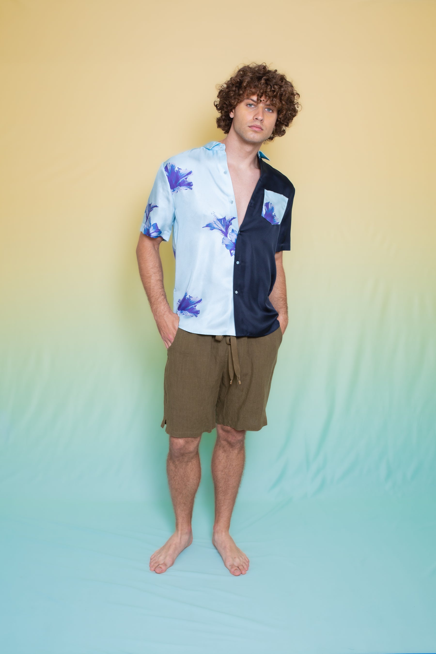 Half & Half Silk Shirt Pale Blue Hawaii 