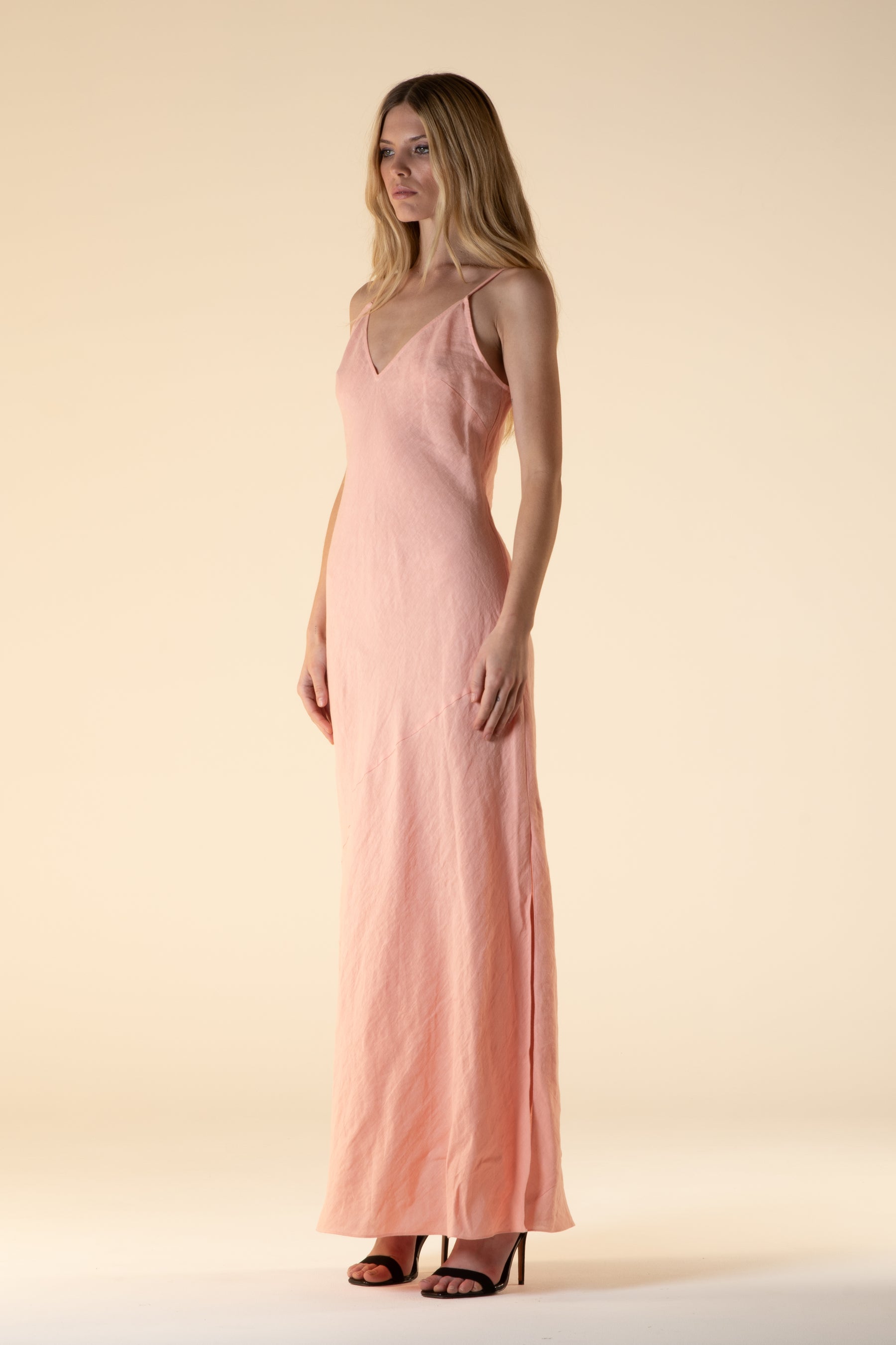 Lotus Bias Cut Linen Slip Dress Peony