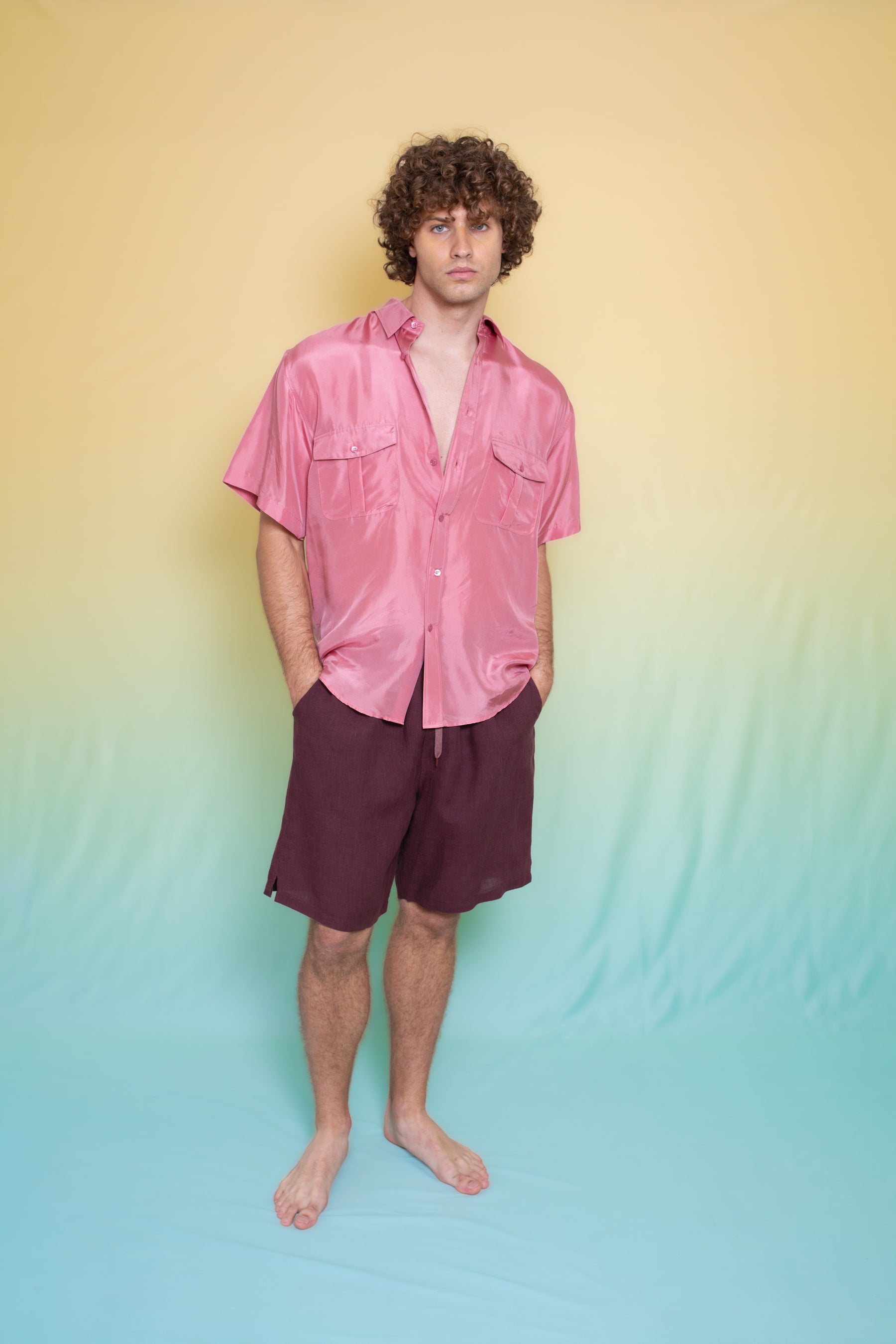 Safari Double Pocket Silk Shirt Peach 