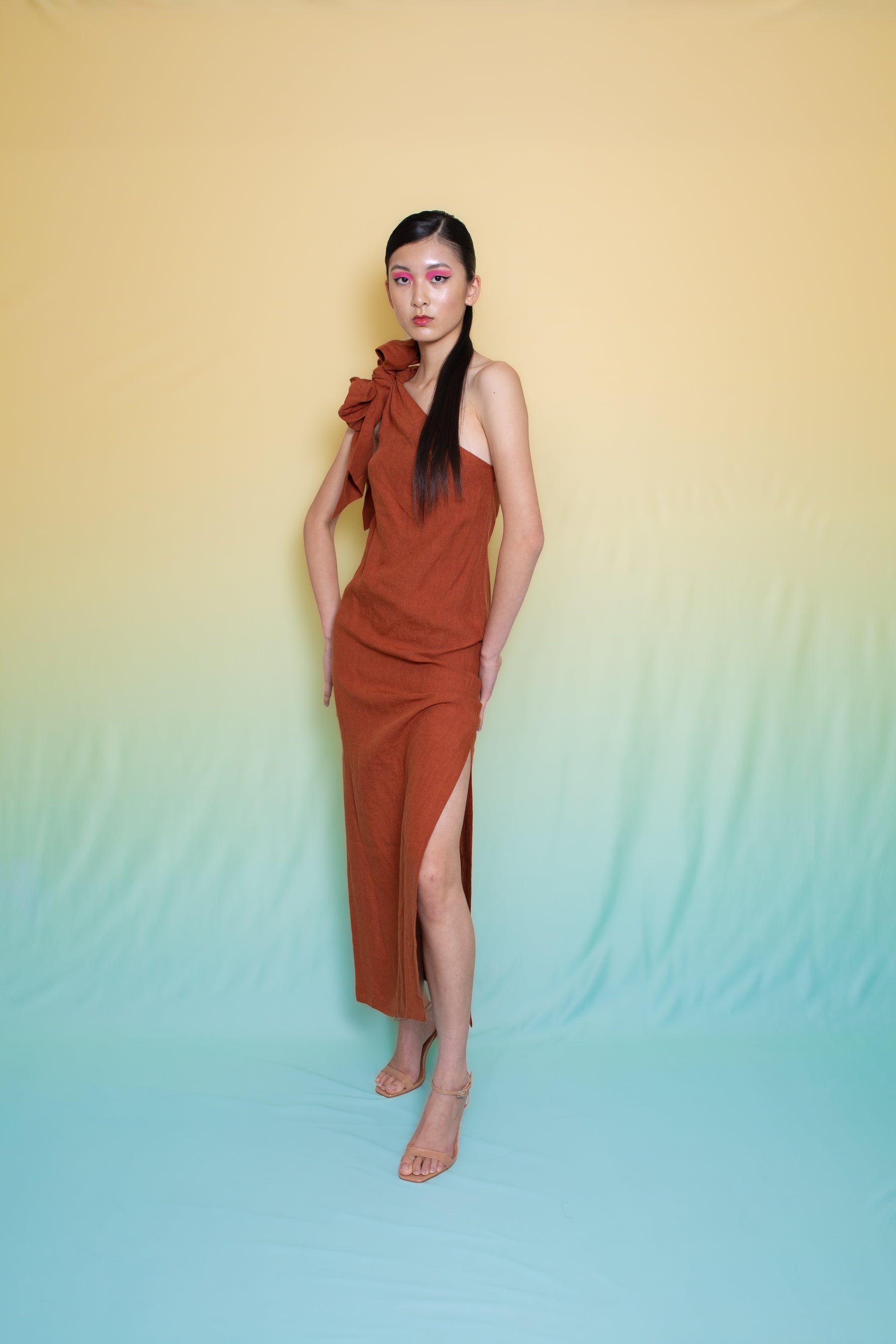 Luxor Linen One Shoulder Bow Tie Dress Amber