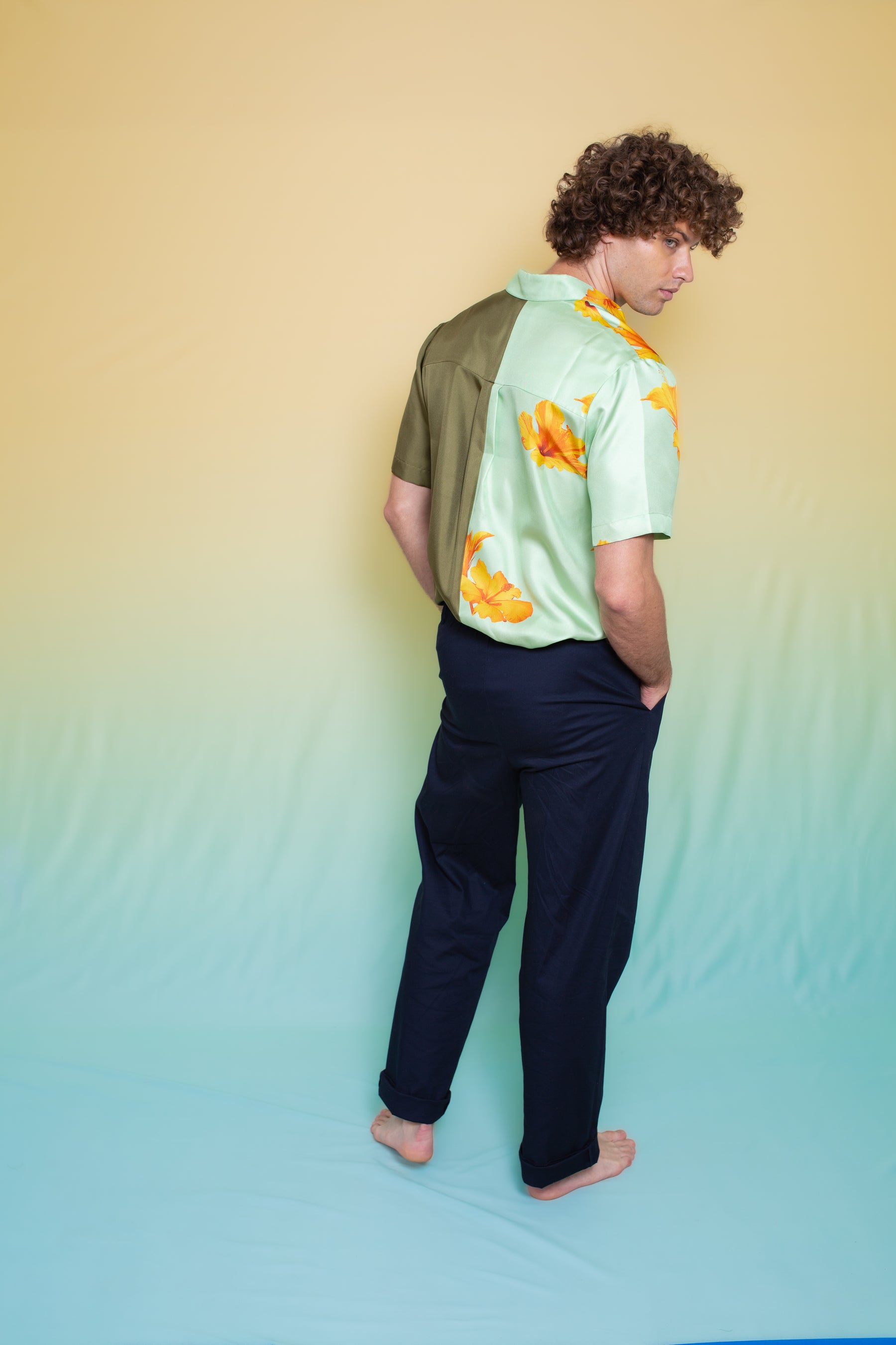 Half & Half Silk Shirt Pistachio Hawaii 