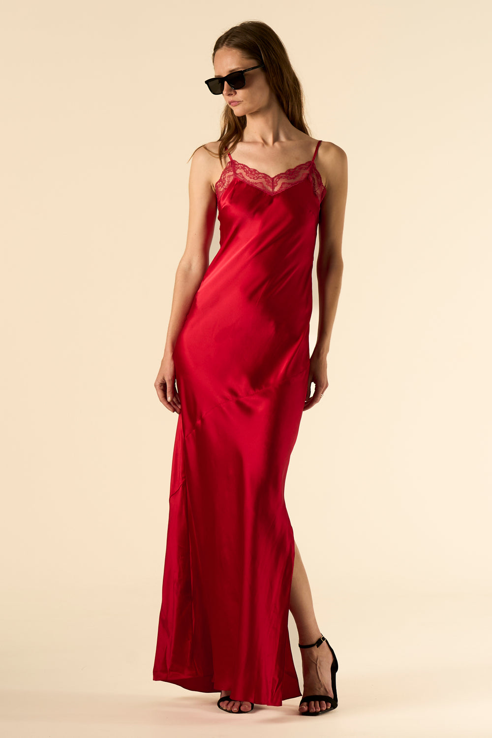 Lotus Bias Cut Silk Slip Dress Lace Edge Cherry