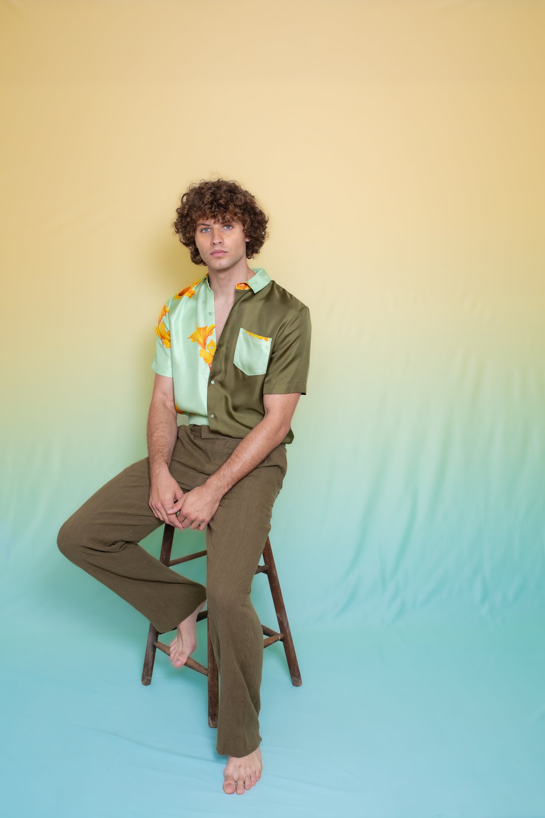 Half & Half Silk Shirt Pistachio Hawaii 