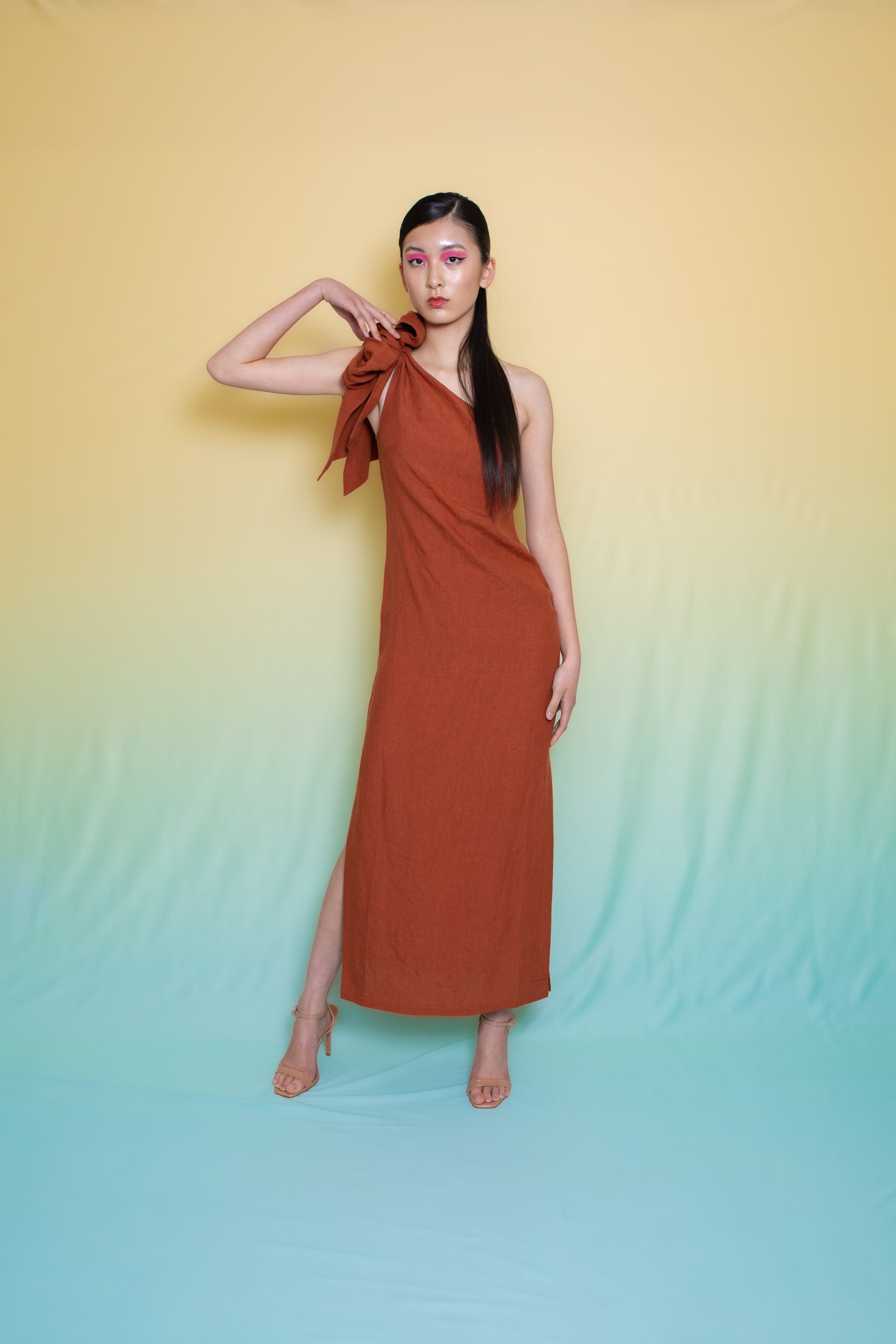 Luxor Linen One Shoulder Bow Tie Dress Amber
