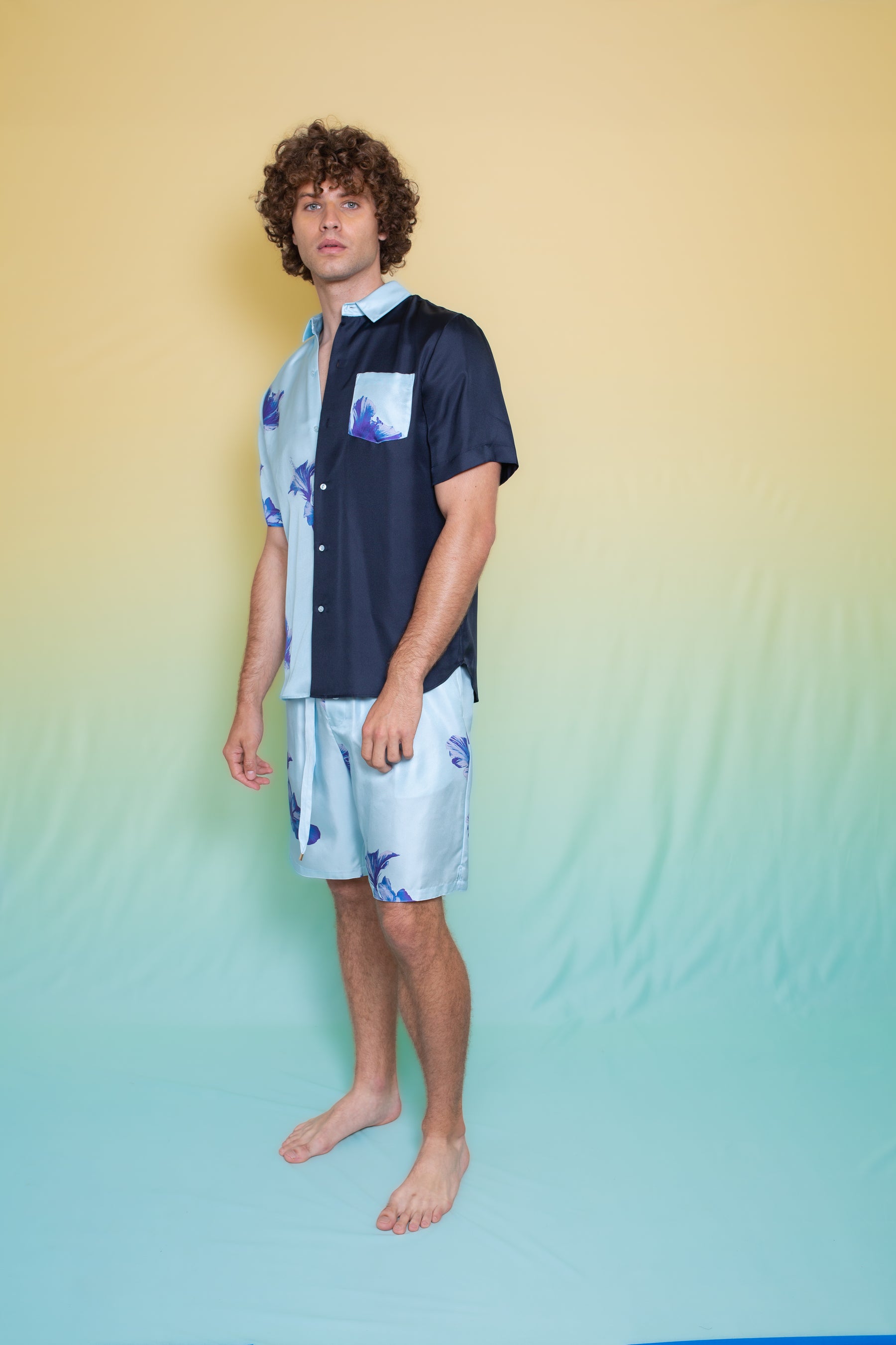 Half & Half Silk Shirt Pale Blue Hawaii 