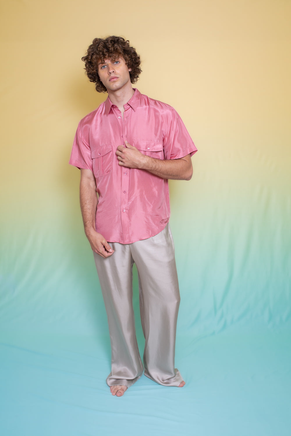Safari Double Pocket Silk Shirt Peach 