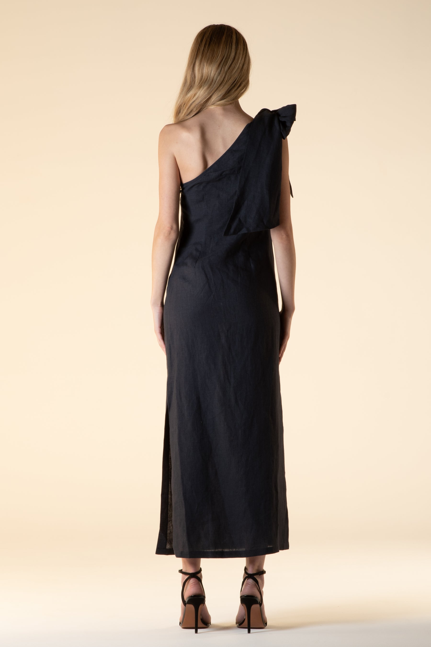 Luxor Linen One Shoulder Bow Tie Dress Ink