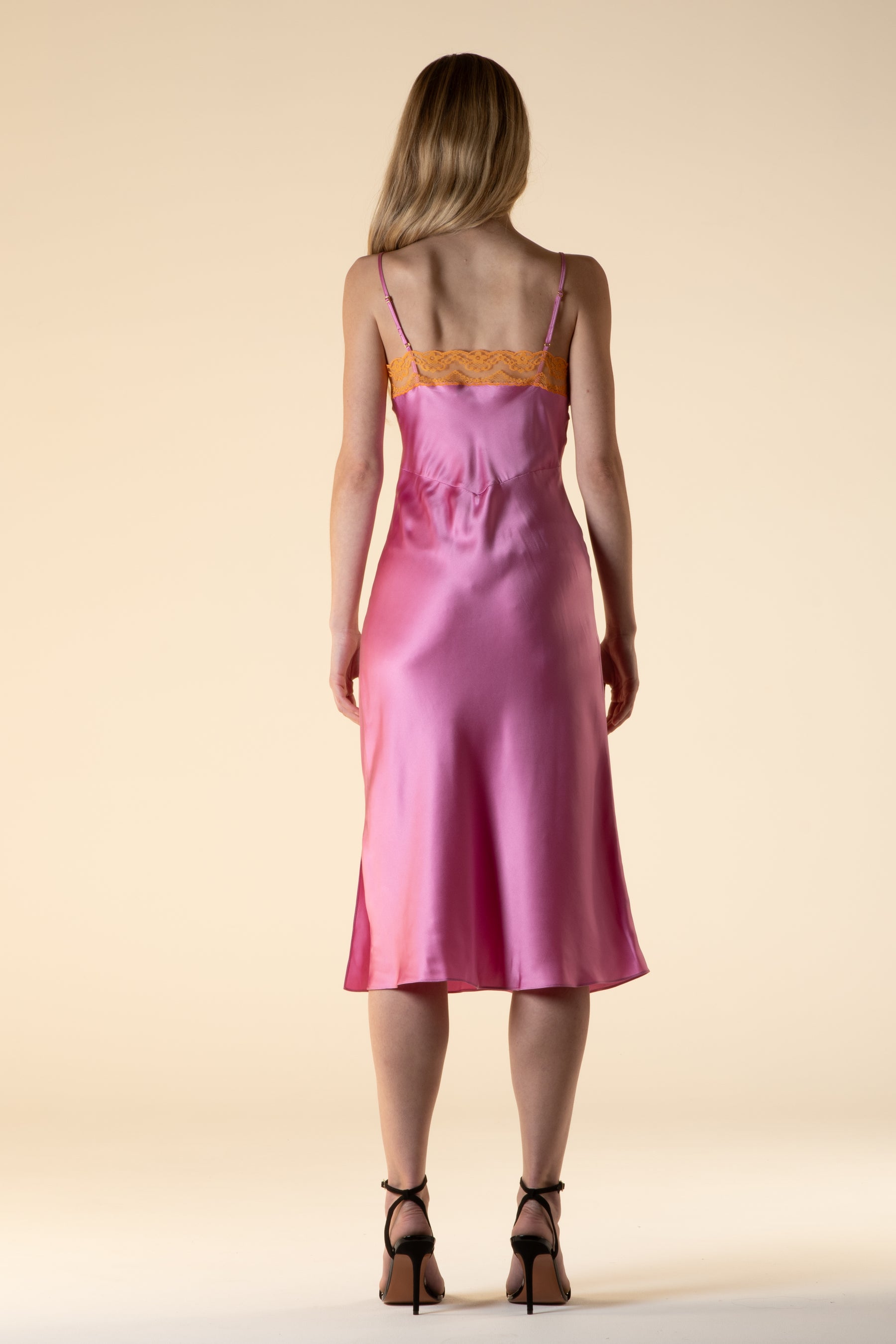 Lotus Bias Cut Silk Slip Dress Lace Edge Rose