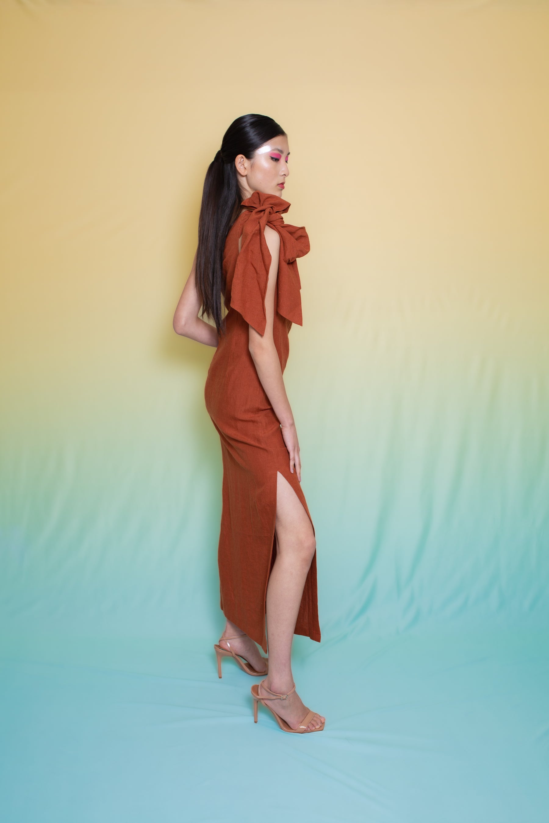 Luxor Linen One Shoulder Bow Tie Dress Amber