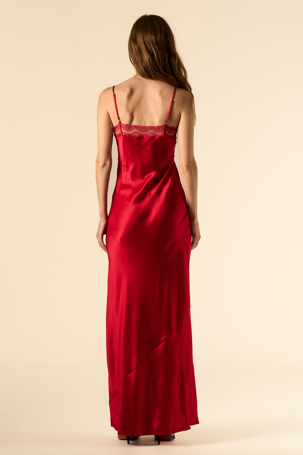 Lotus Bias Cut Silk Slip Dress Lace Edge Cherry