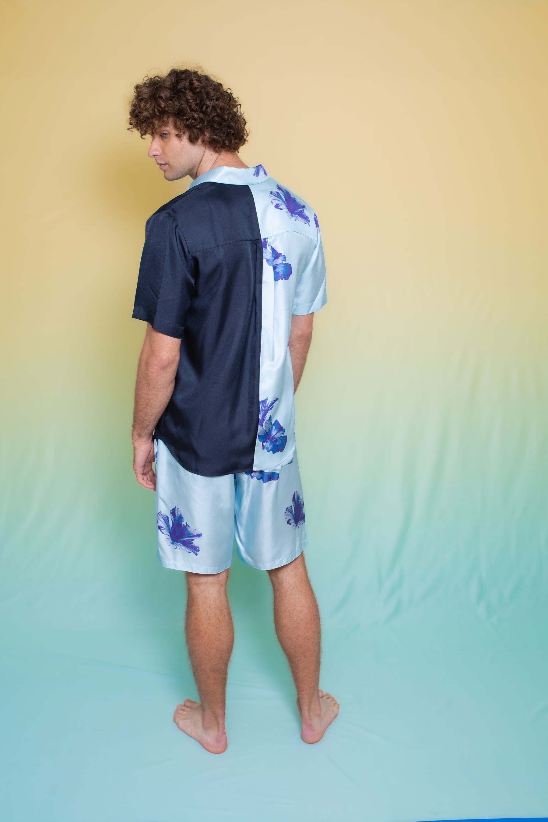 Half & Half Silk Shirt Pale Blue Hawaii 