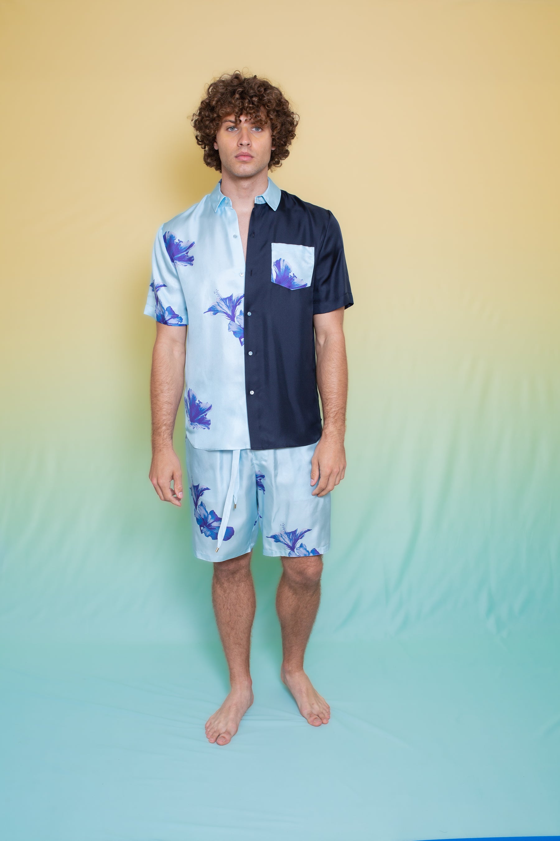 Half & Half Silk Shirt Pale Blue Hawaii 