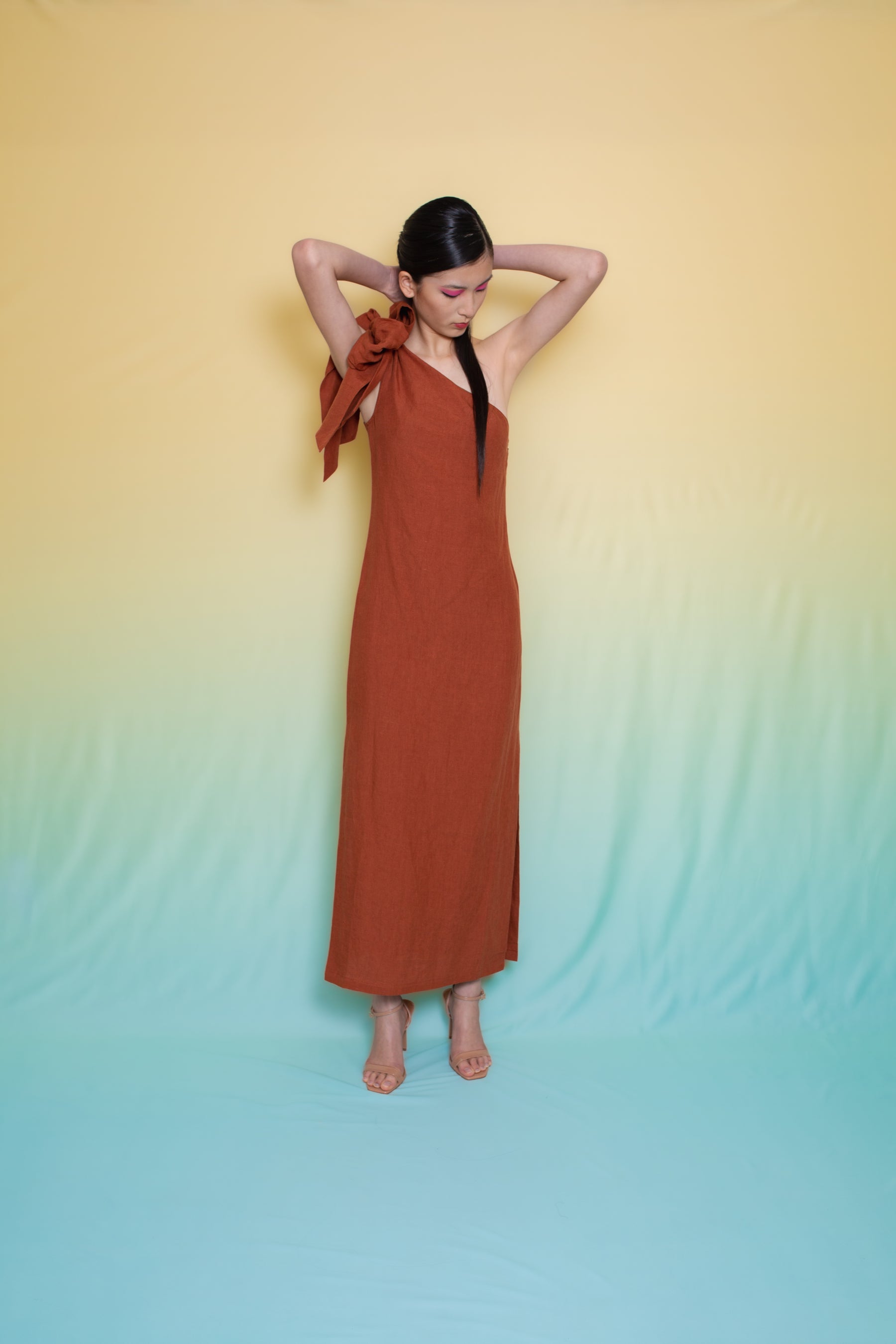 Luxor Linen One Shoulder Bow Tie Dress Amber