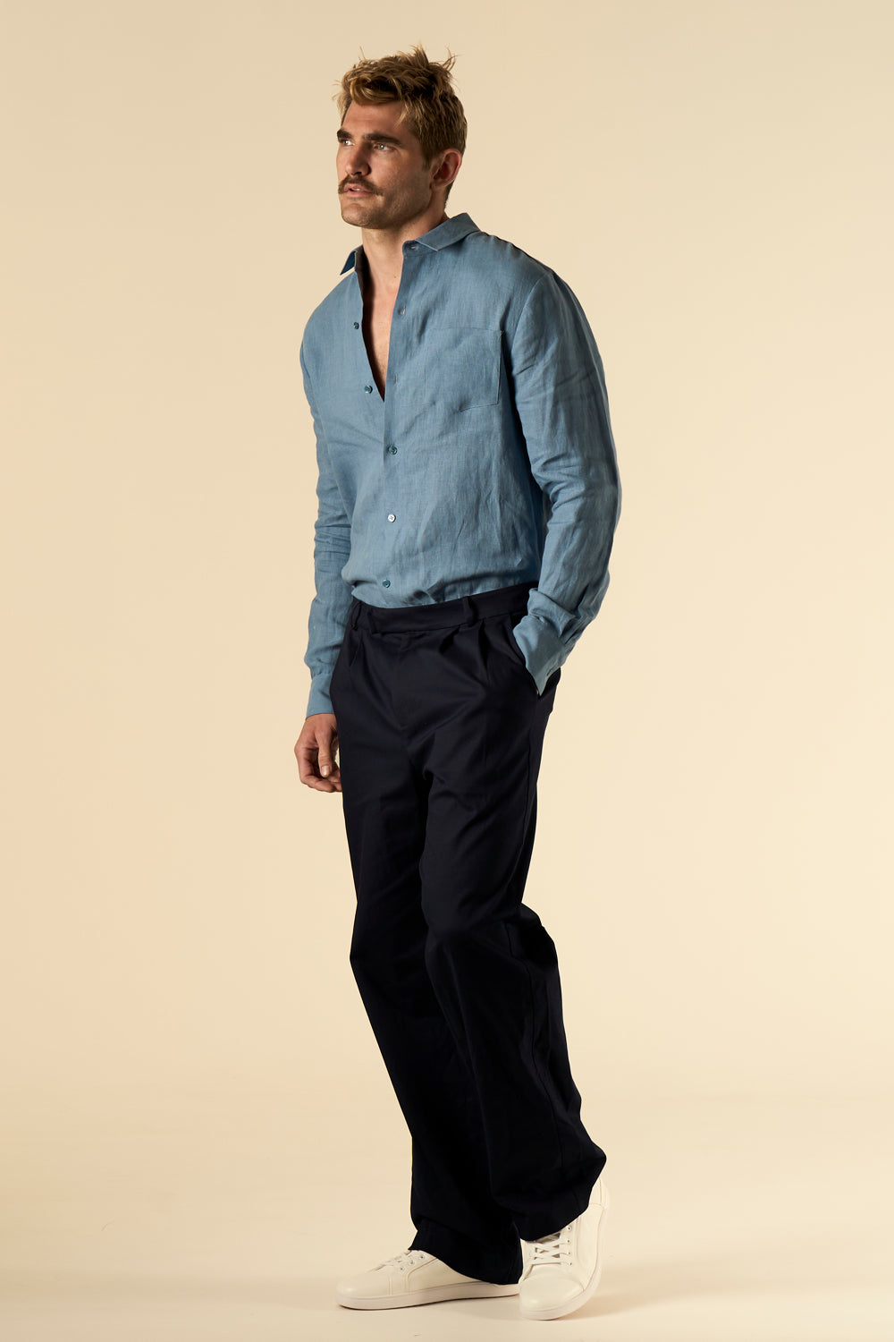 Ruben Long Sleeve Linen Shirt Blue 