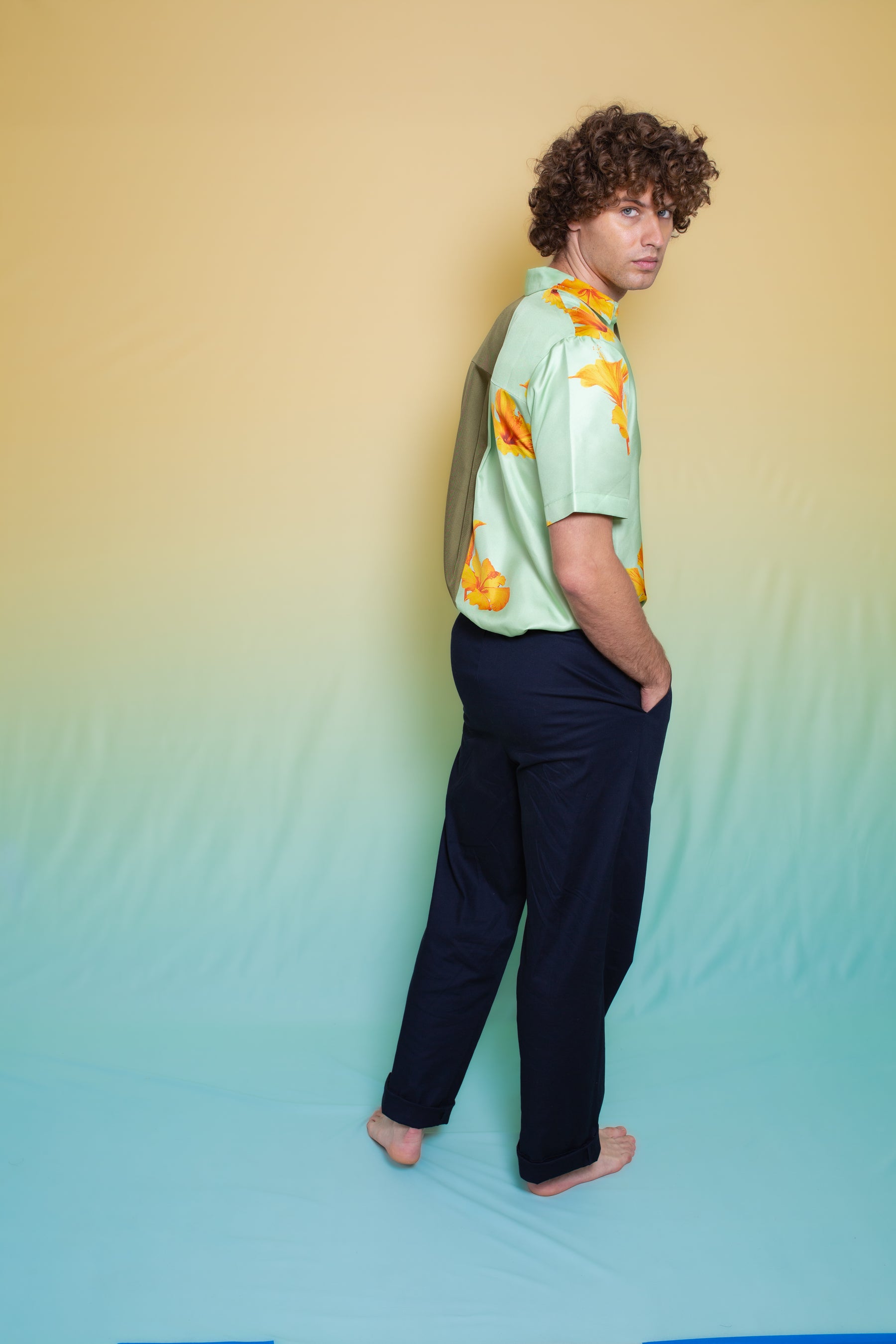 Half & Half Silk Shirt Pistachio Hawaii 