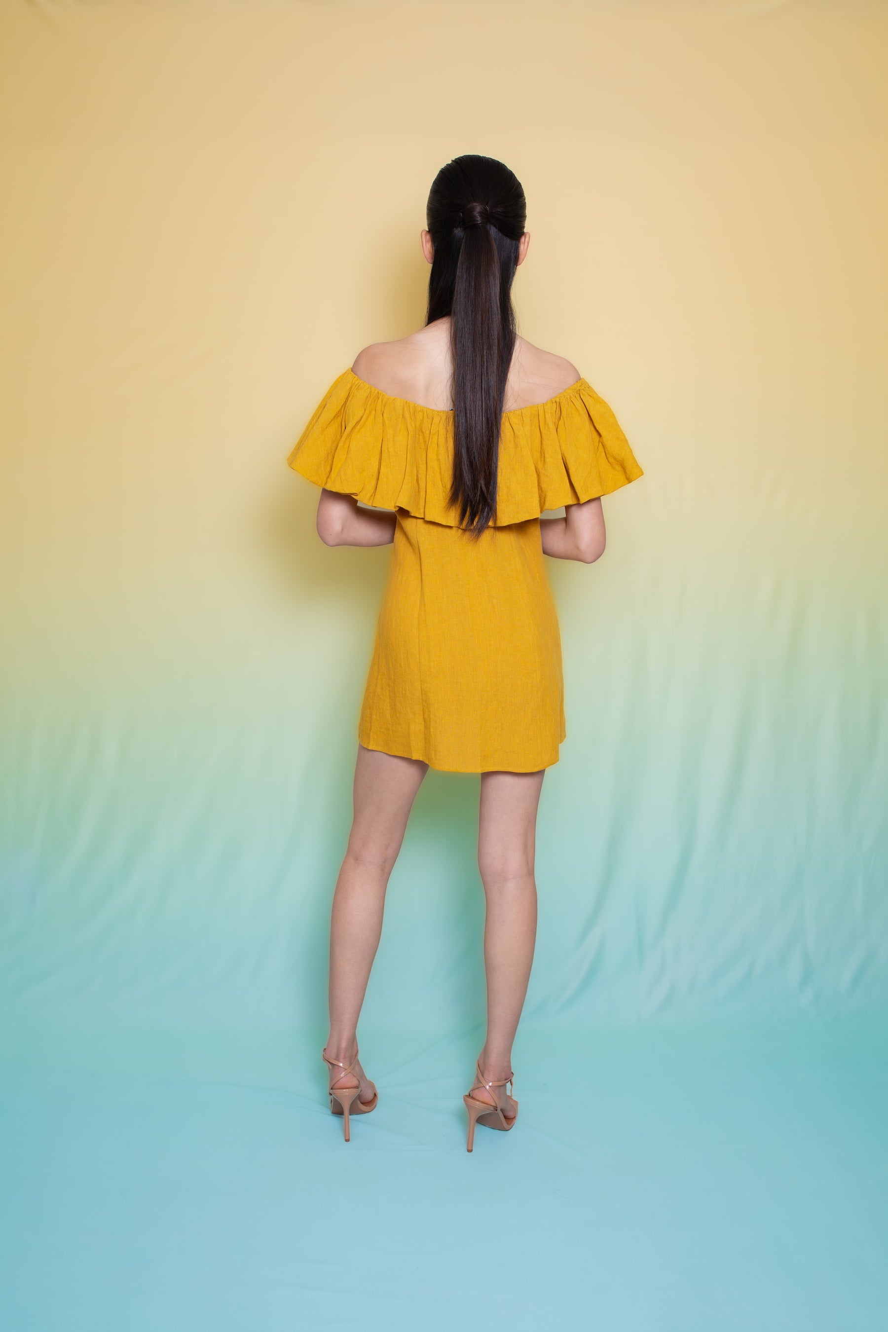 Daytona Linen Off-Shoulder Short Dress Gold