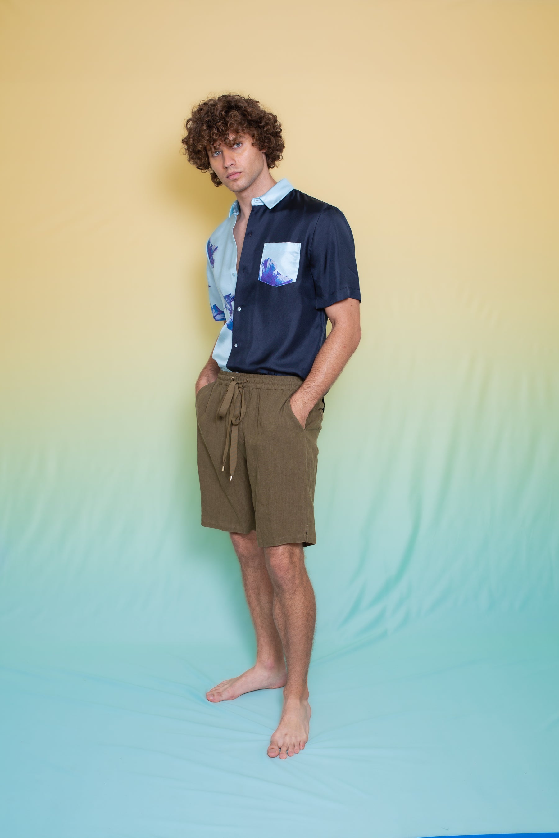 Half & Half Silk Shirt Pale Blue Hawaii 