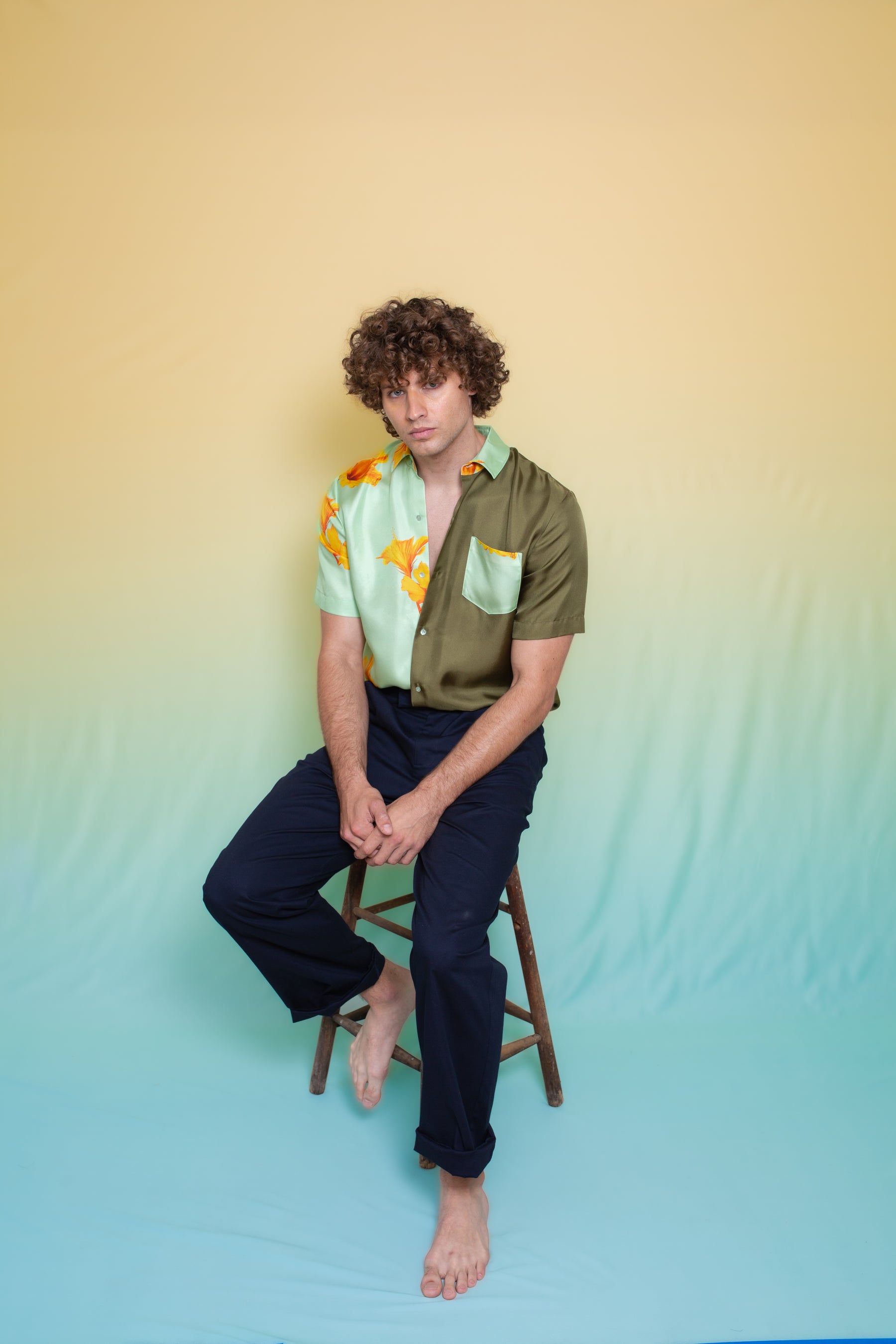 Half & Half Silk Shirt Pistachio Hawaii 