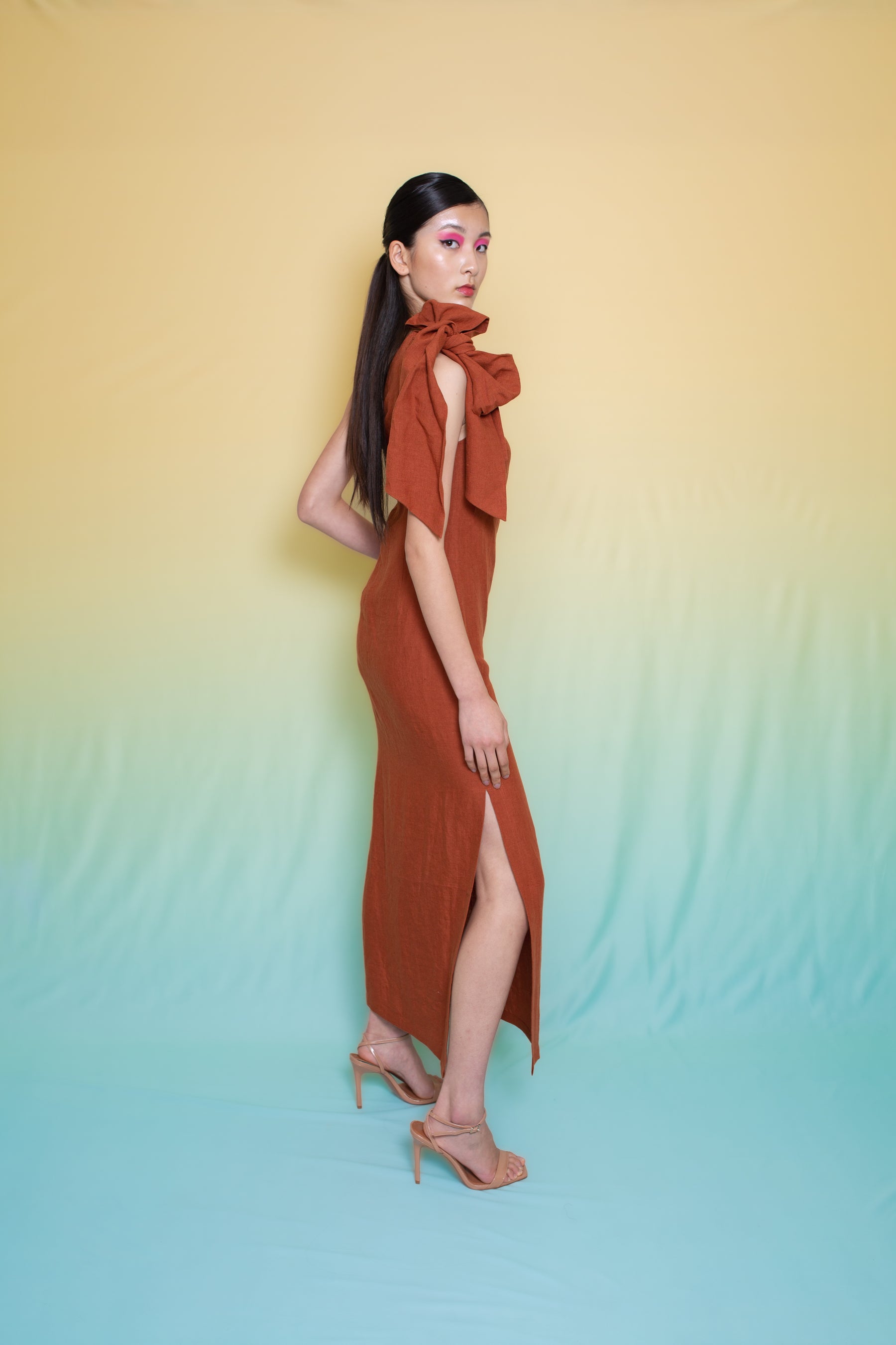 Luxor Linen One Shoulder Bow Tie Dress Amber