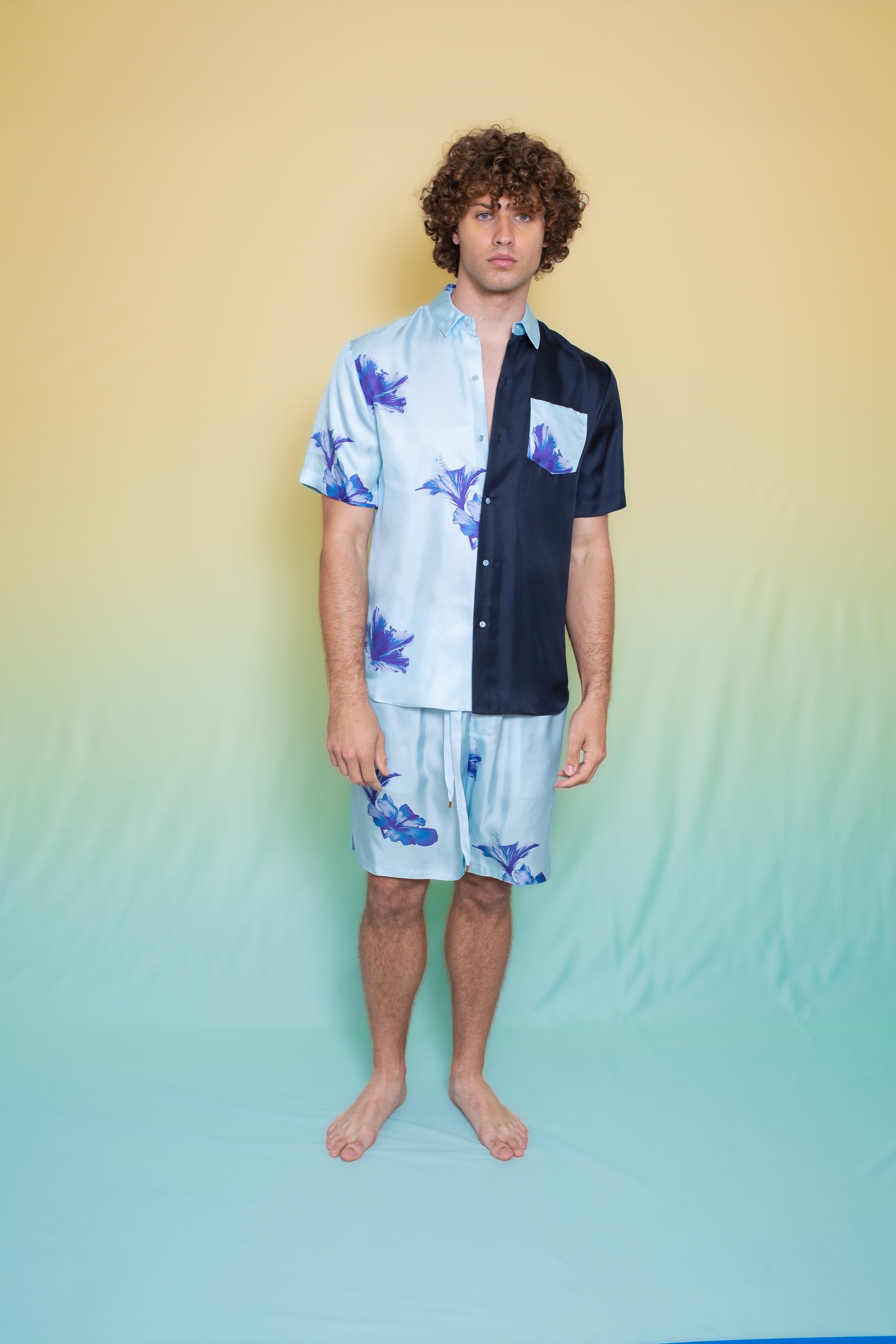 Half & Half Silk Shirt Pale Blue Hawaii 