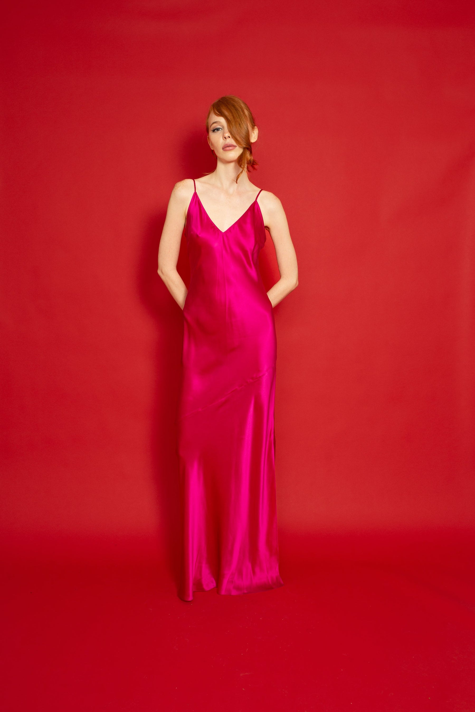 Lotus Bias Cut Silk Slip Dress Fuscia