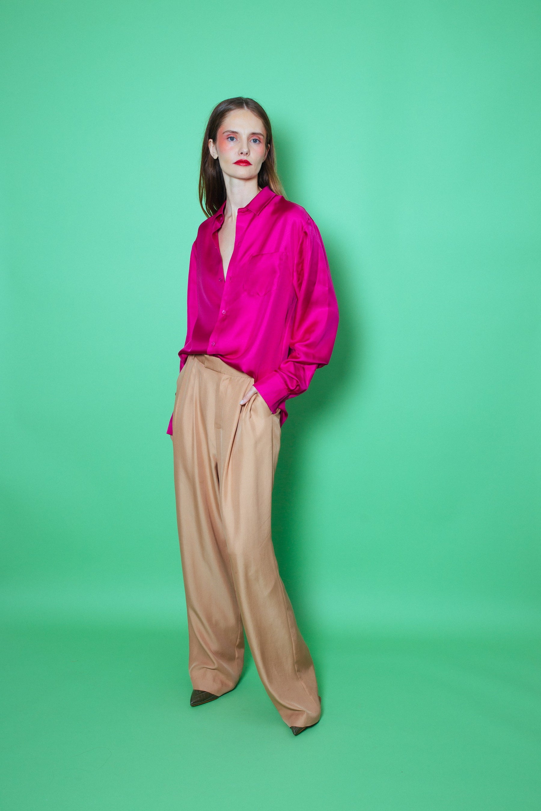Ruben Long Sleeve Silk Shirt Fuscia 