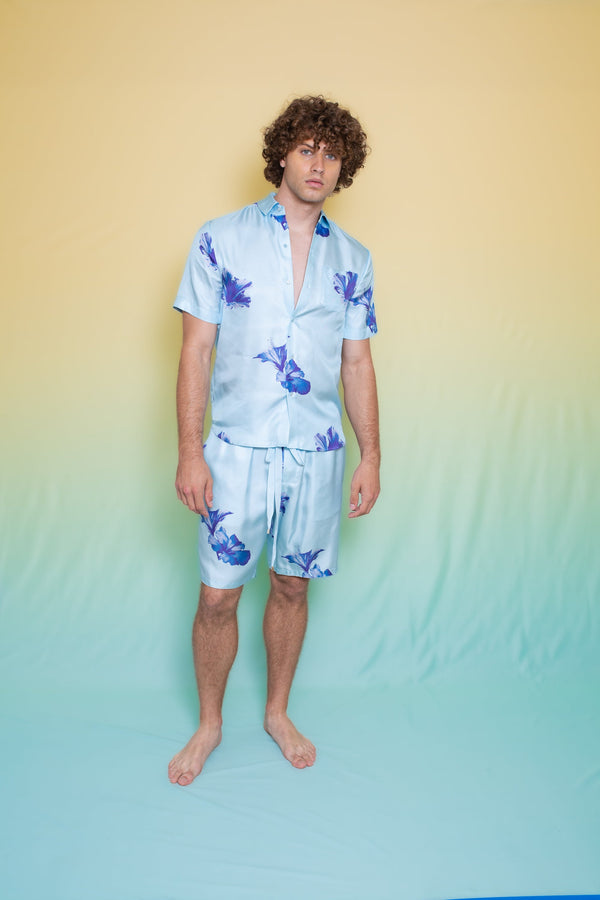 Boyfriend Silk Shirt Pale Blue Hawaii 