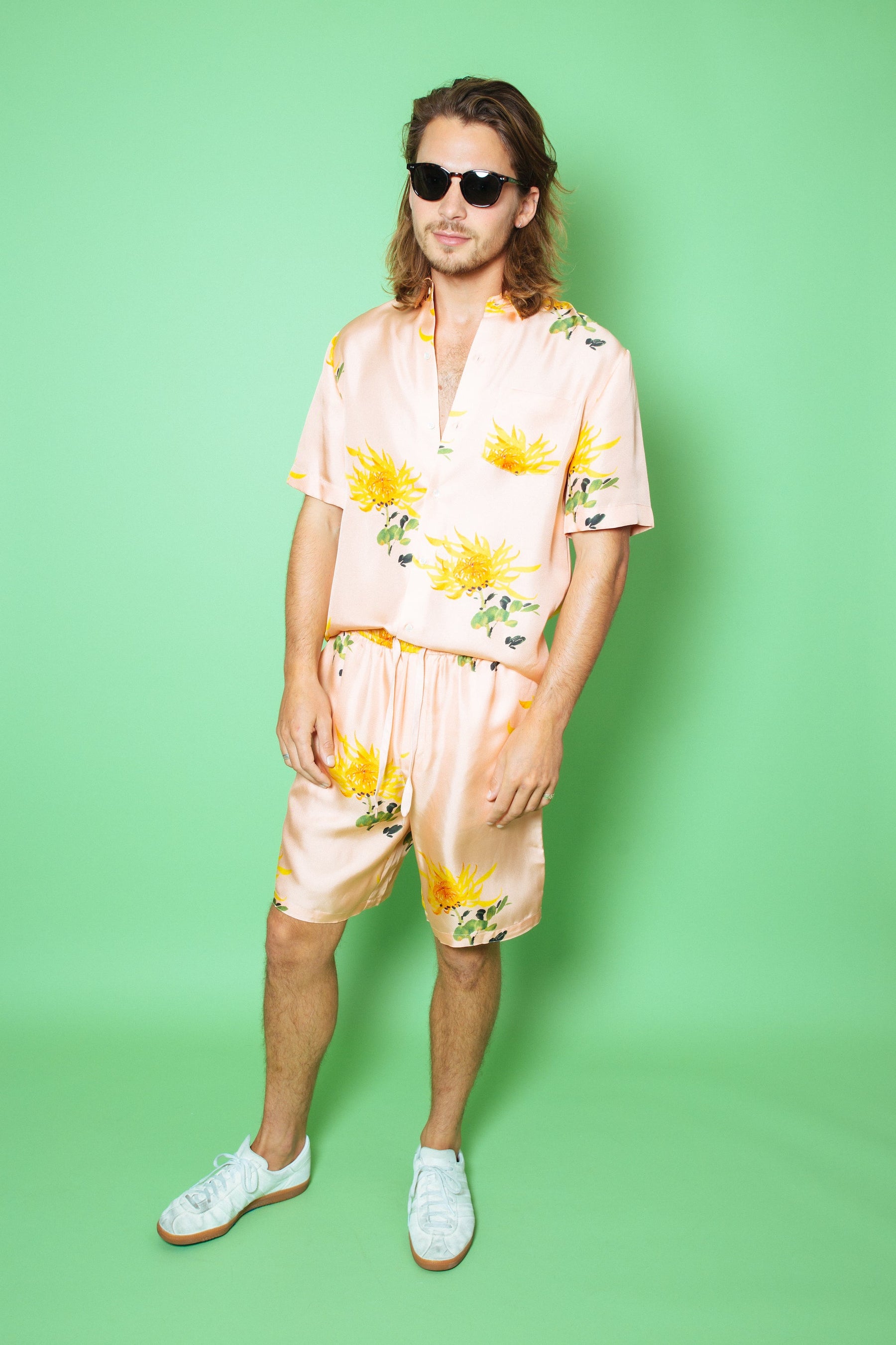 Basketball Silk Short Orange Chrysanthemum on Pink 