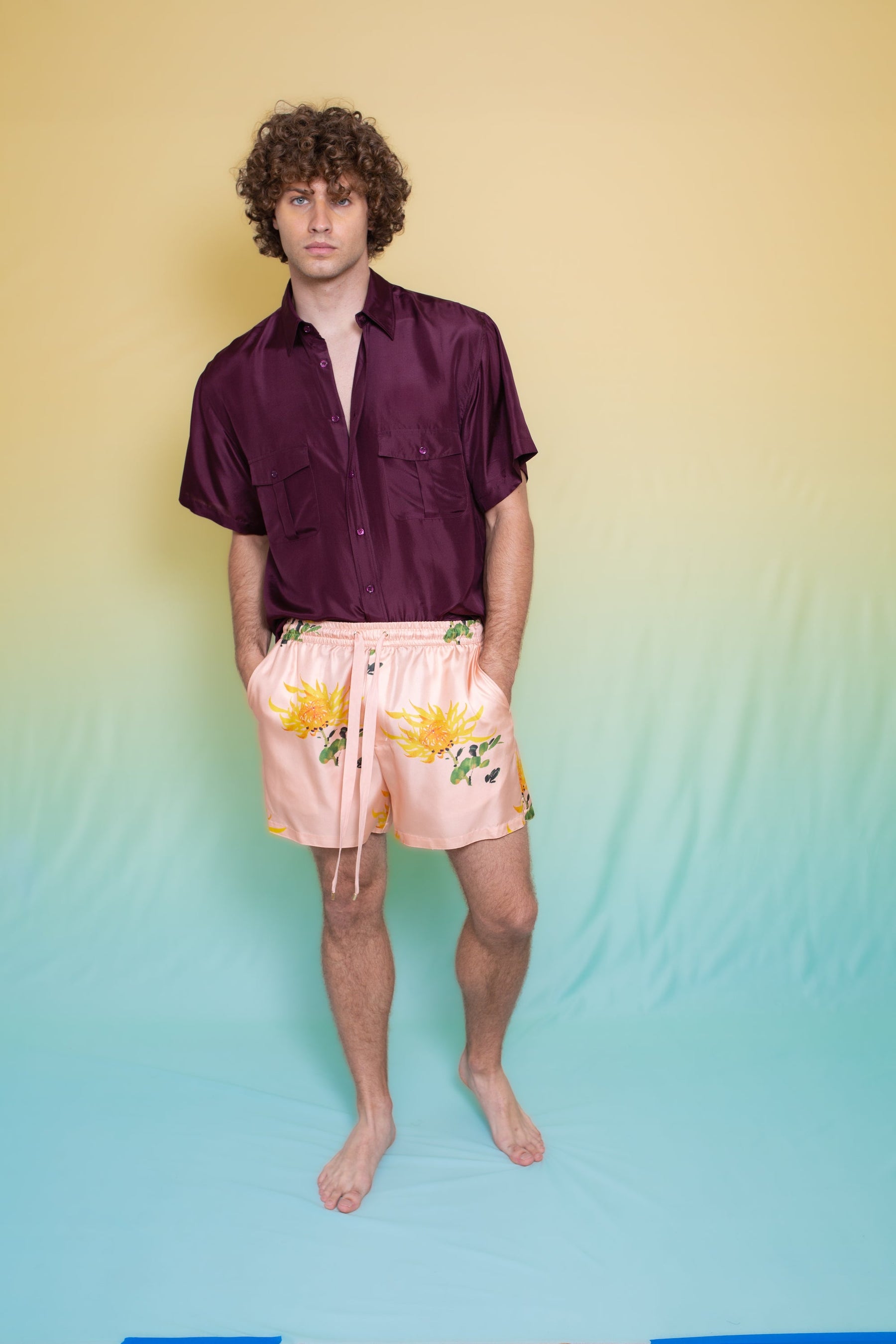 Paolo Silk Short Orange Chrysanthemum on Pink 