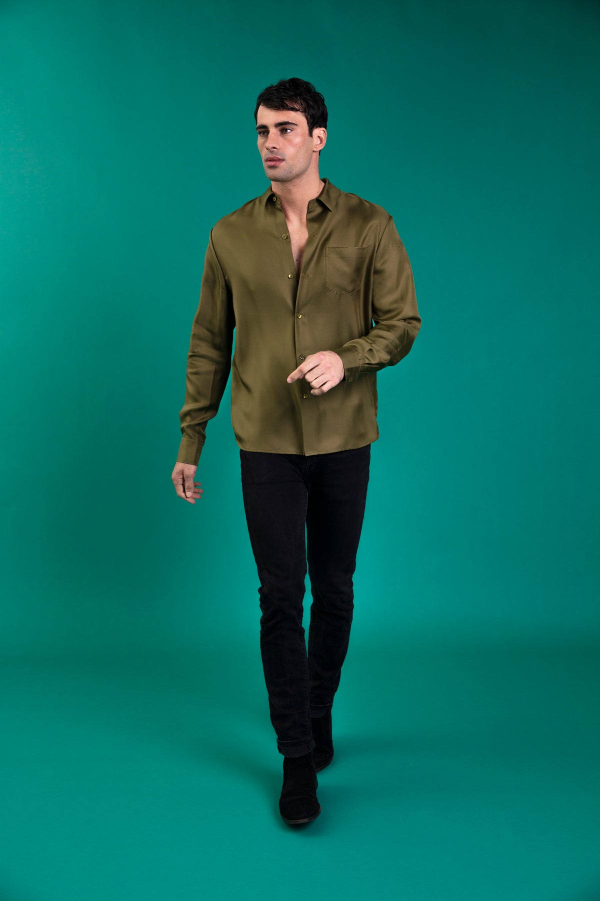 Ruben Long Sleeve Silk Shirt Khaki 