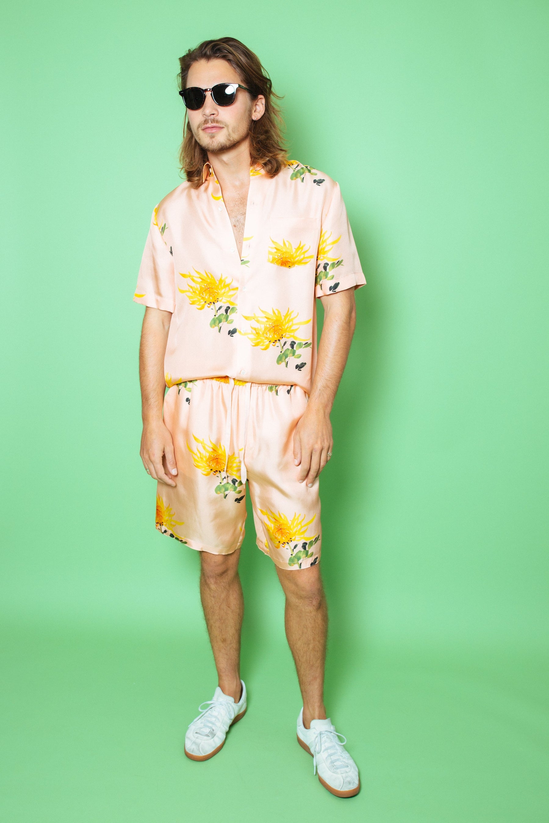 Boyfriend Silk Shirt Orange Chrysanthemum on Pink 