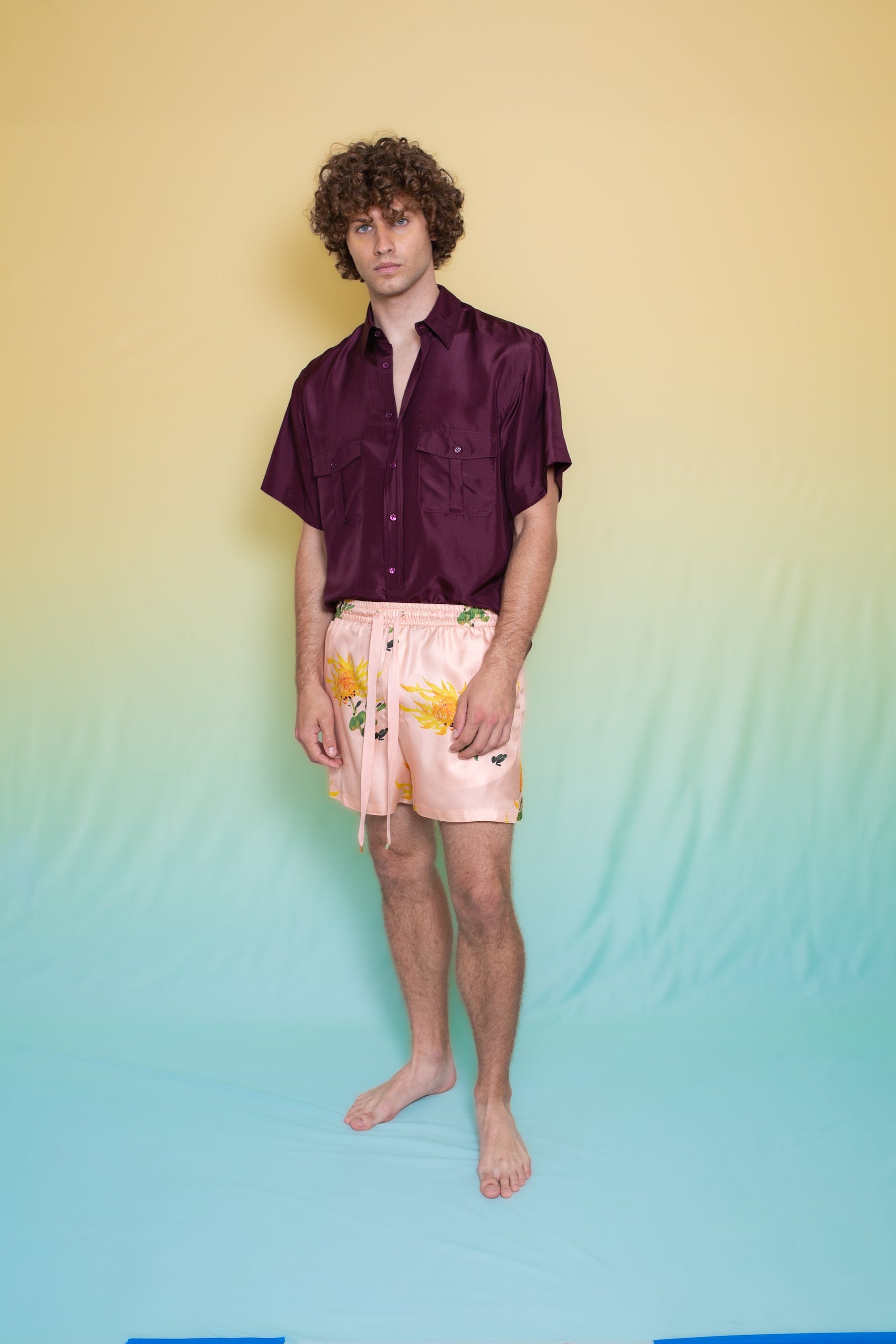 Paolo Silk Short Orange Chrysanthemum on Pink 