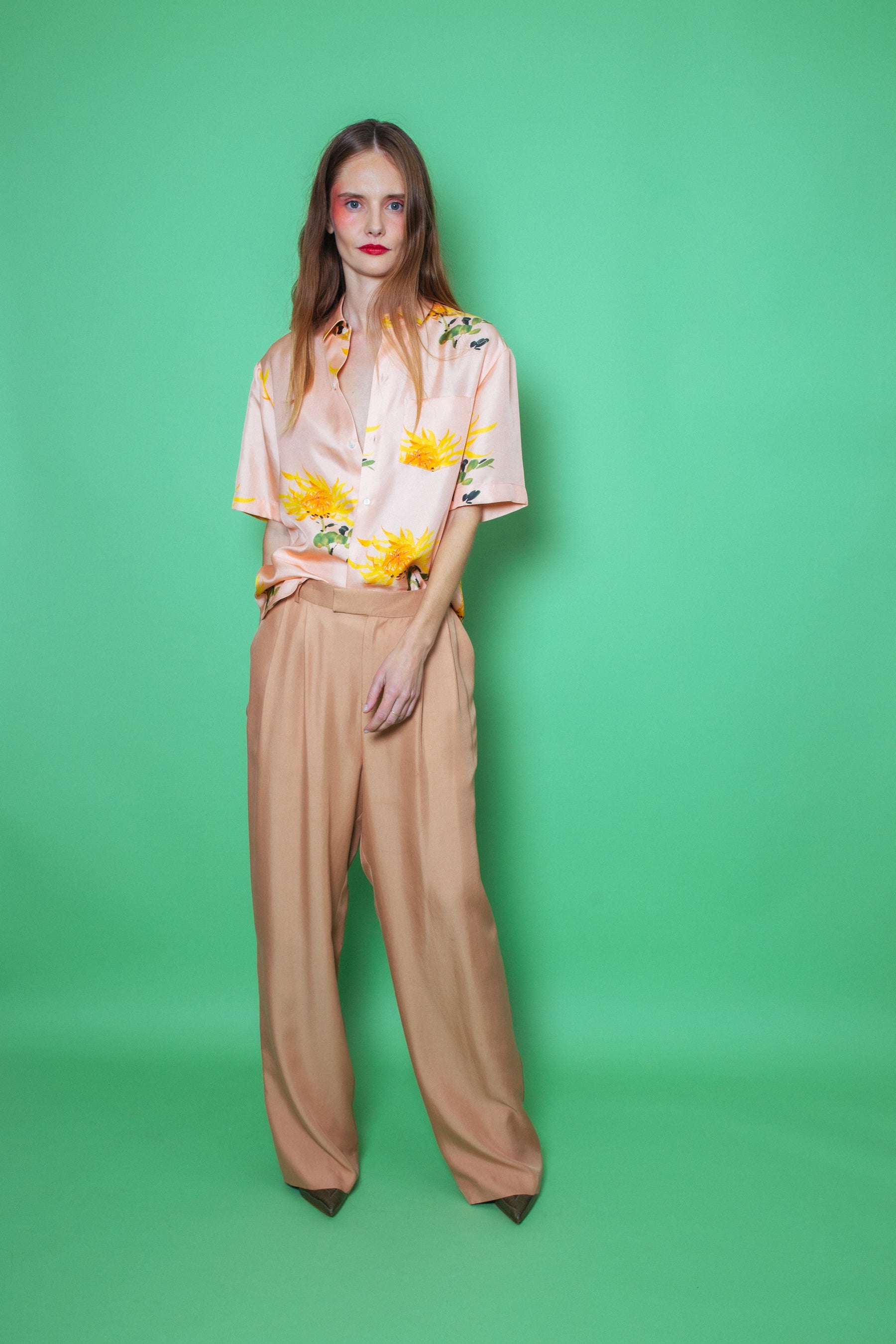 Boyfriend Silk Shirt Orange Chrysanthemum on Pink 