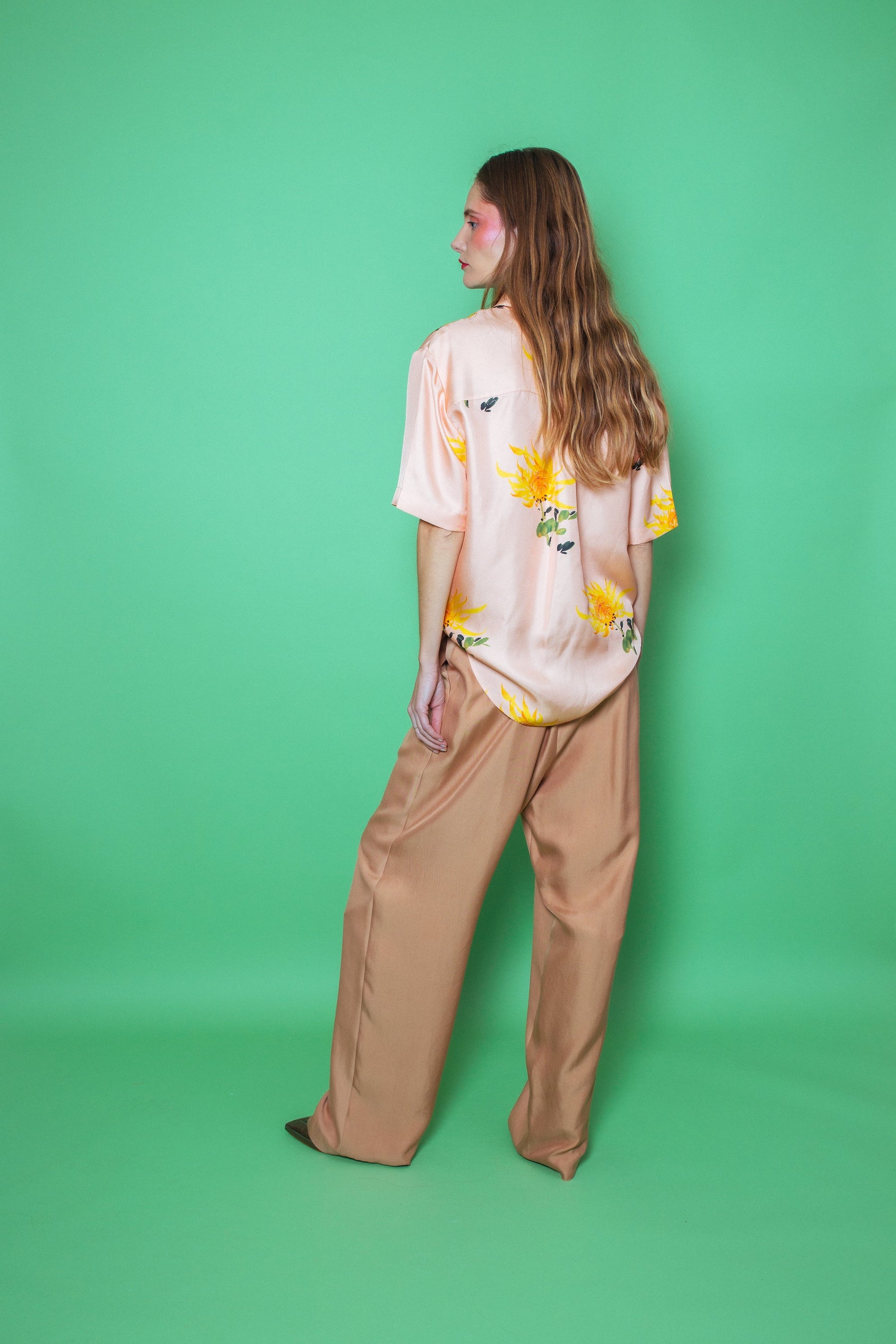 Boyfriend Silk Shirt Orange Chrysanthemum on Pink 