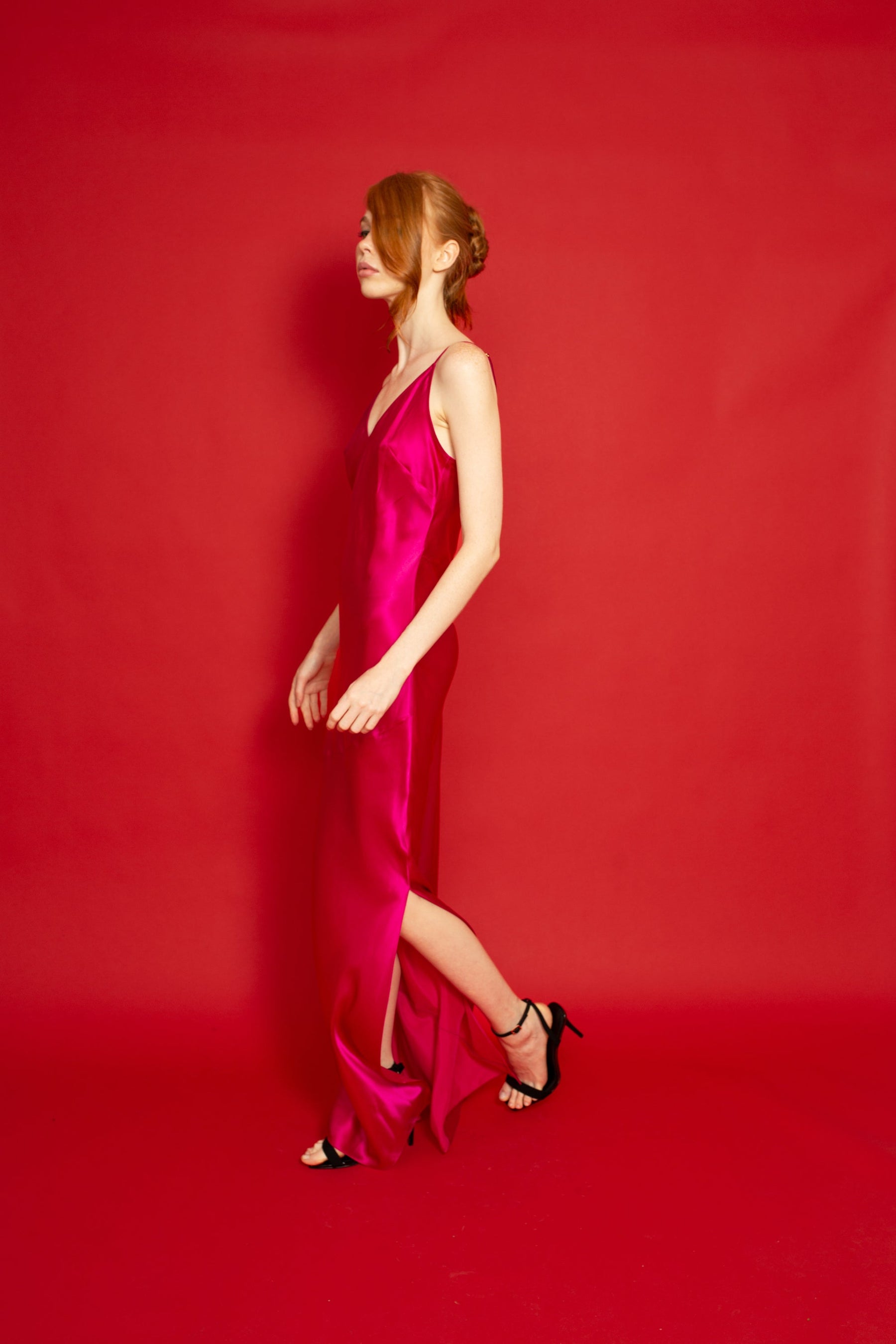 Lotus Bias Cut Silk Slip Dress Fuscia