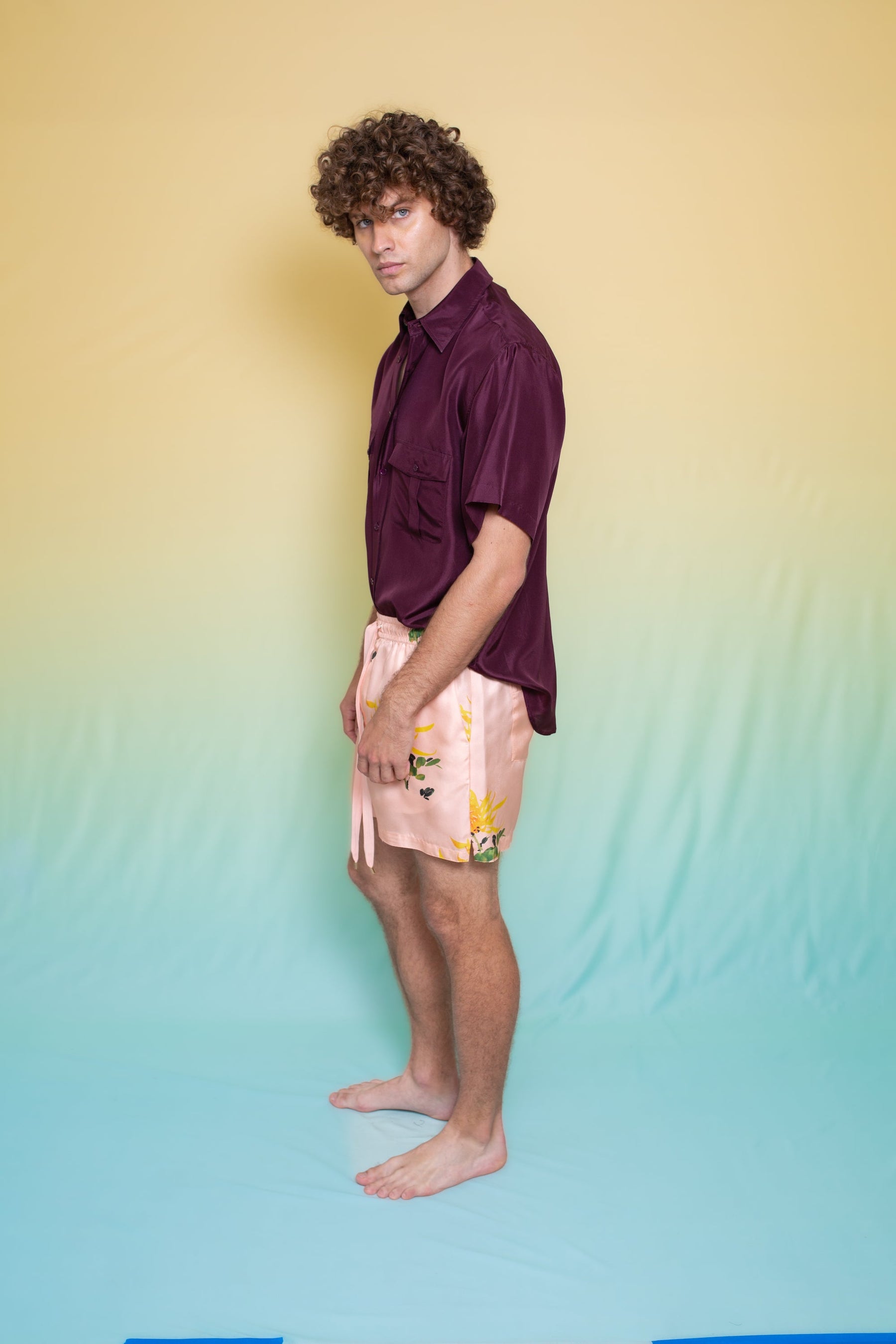 Paolo Silk Short Orange Chrysanthemum on Pink 