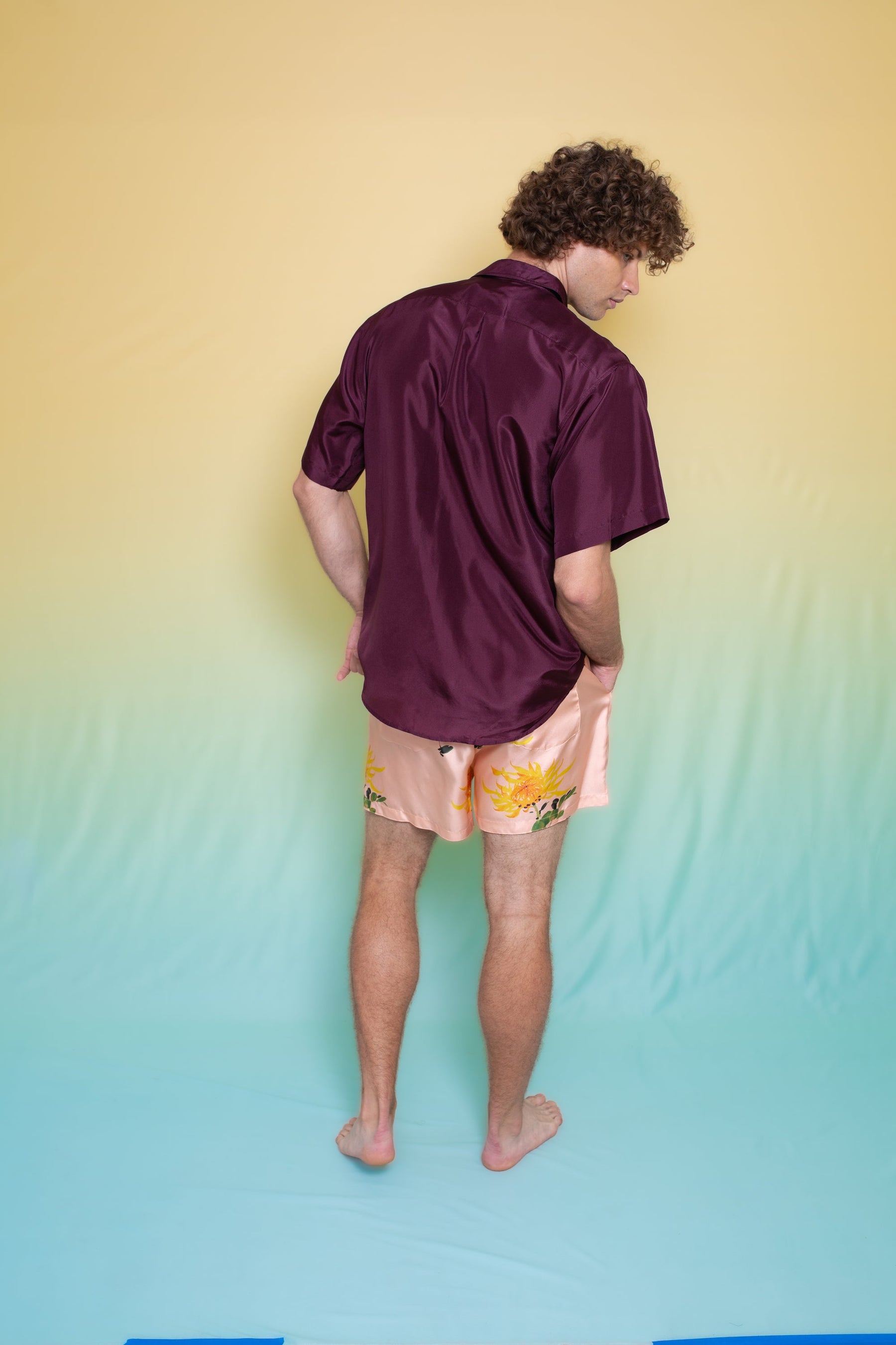 Paolo Silk Short Orange Chrysanthemum on Pink 