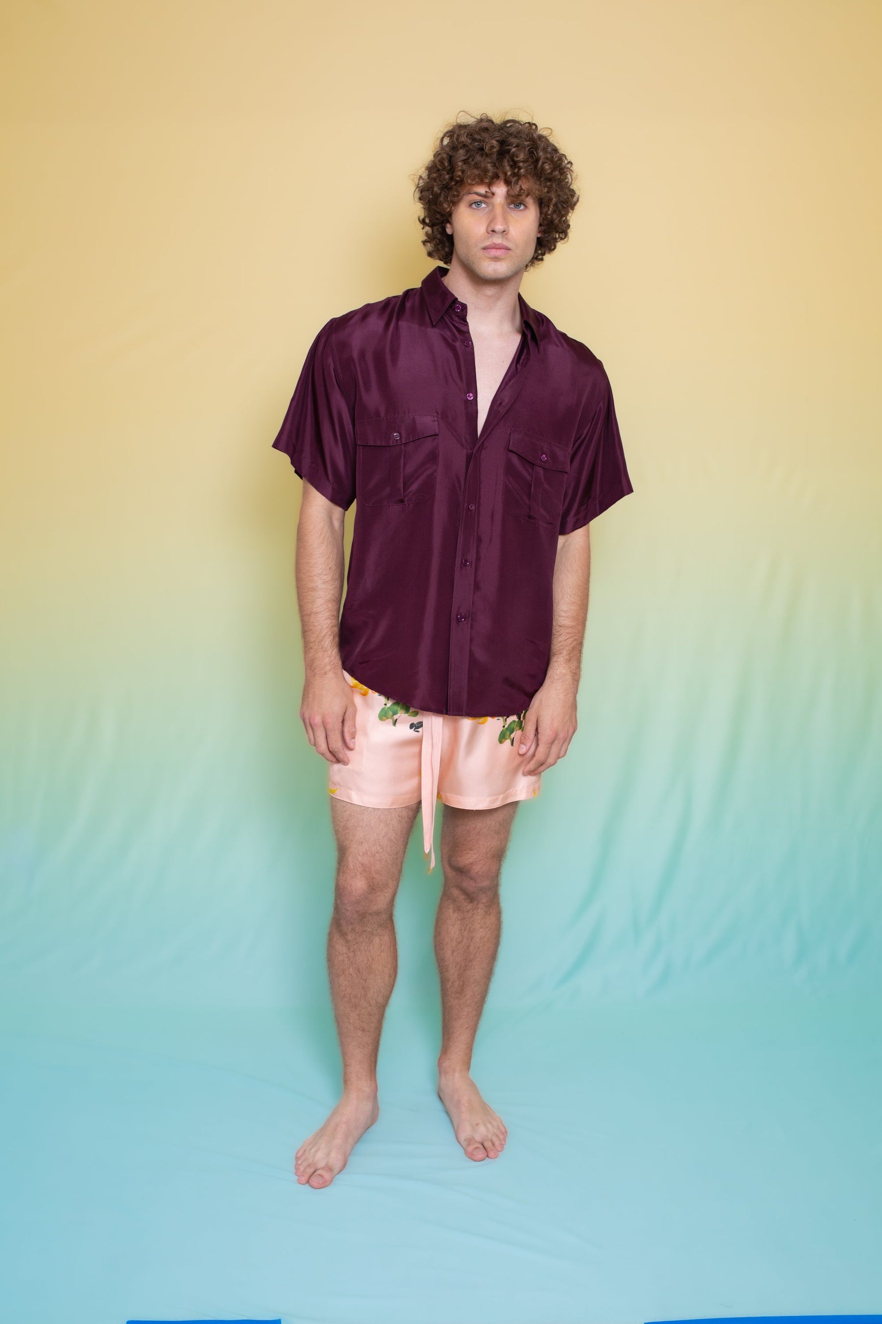 Paolo Silk Short Orange Chrysanthemum on Pink 